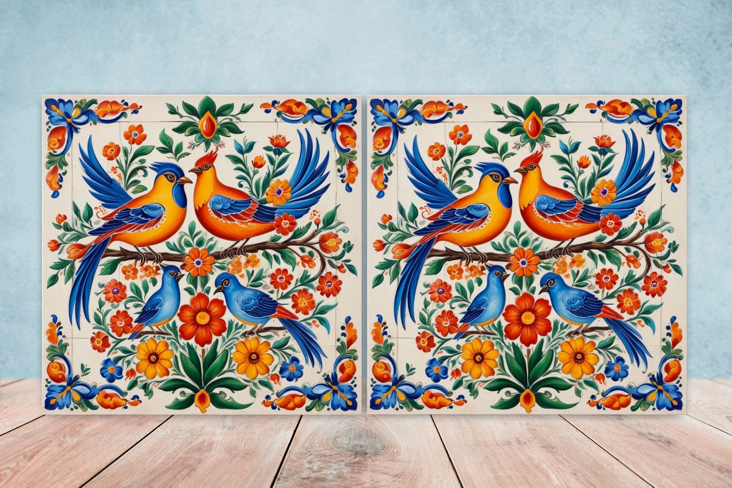 Mexican Ceramic tiles - Set of 2 Mexican Folk design Wall Decor Tiles, Bird Tiles, Birds Print - Kitchen Backsplash Tiles, Bathroom Tiles