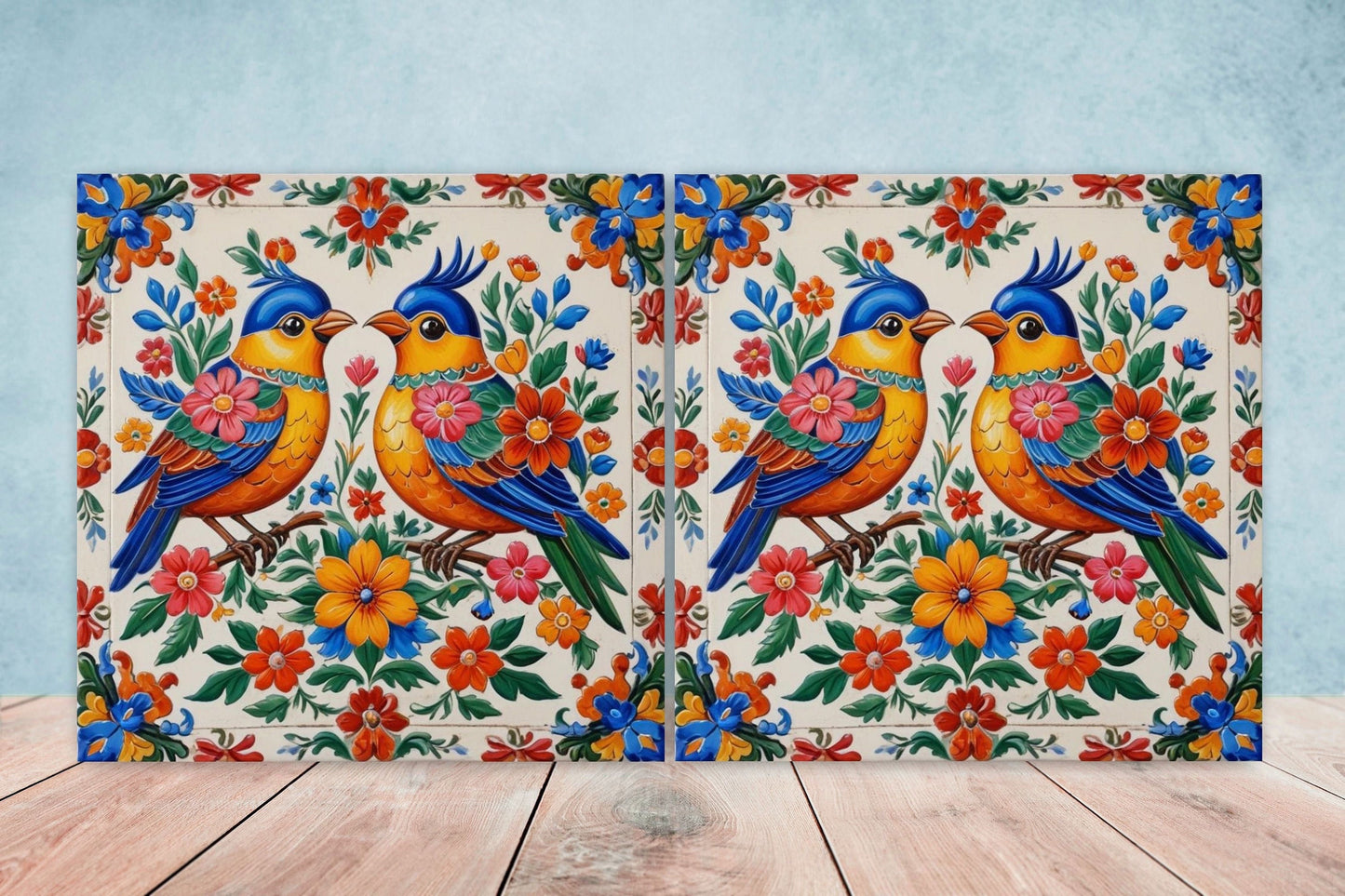 Mexican Ceramic tiles - Set of 2 Mexican Folk design Wall Decor Tiles, Bird Tiles, Birds Print - Kitchen Backsplash Tiles, Bathroom Tiles
