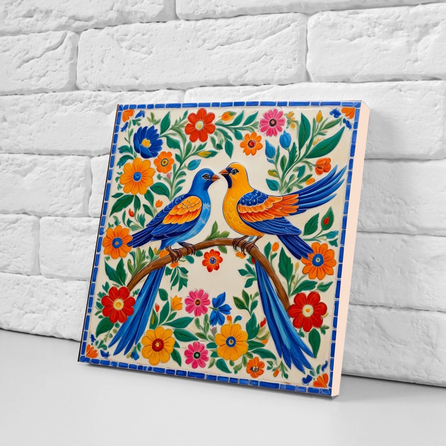 Mexican Ceramic tiles - Set of 2 Mexican Folk design Wall Decor Tiles, Bird Tiles, Birds Print - Kitchen Backsplash Tiles, Bathroom Tiles
