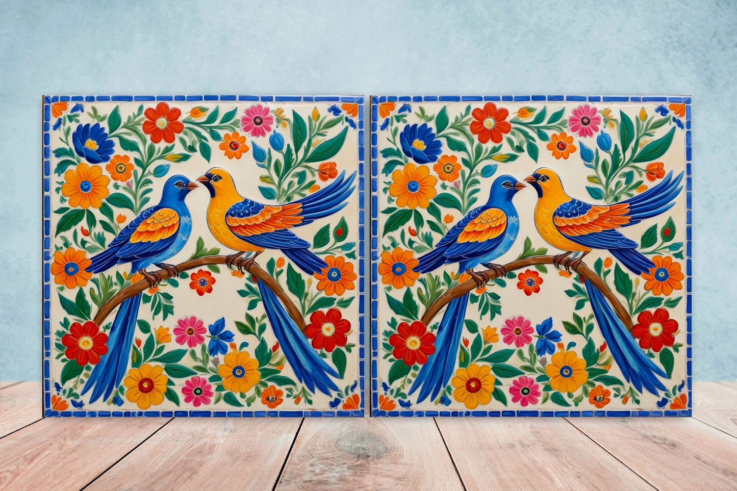 Mexican Ceramic tiles - Set of 2 Mexican Folk design Wall Decor Tiles, Bird Tiles, Birds Print - Kitchen Backsplash Tiles, Bathroom Tiles