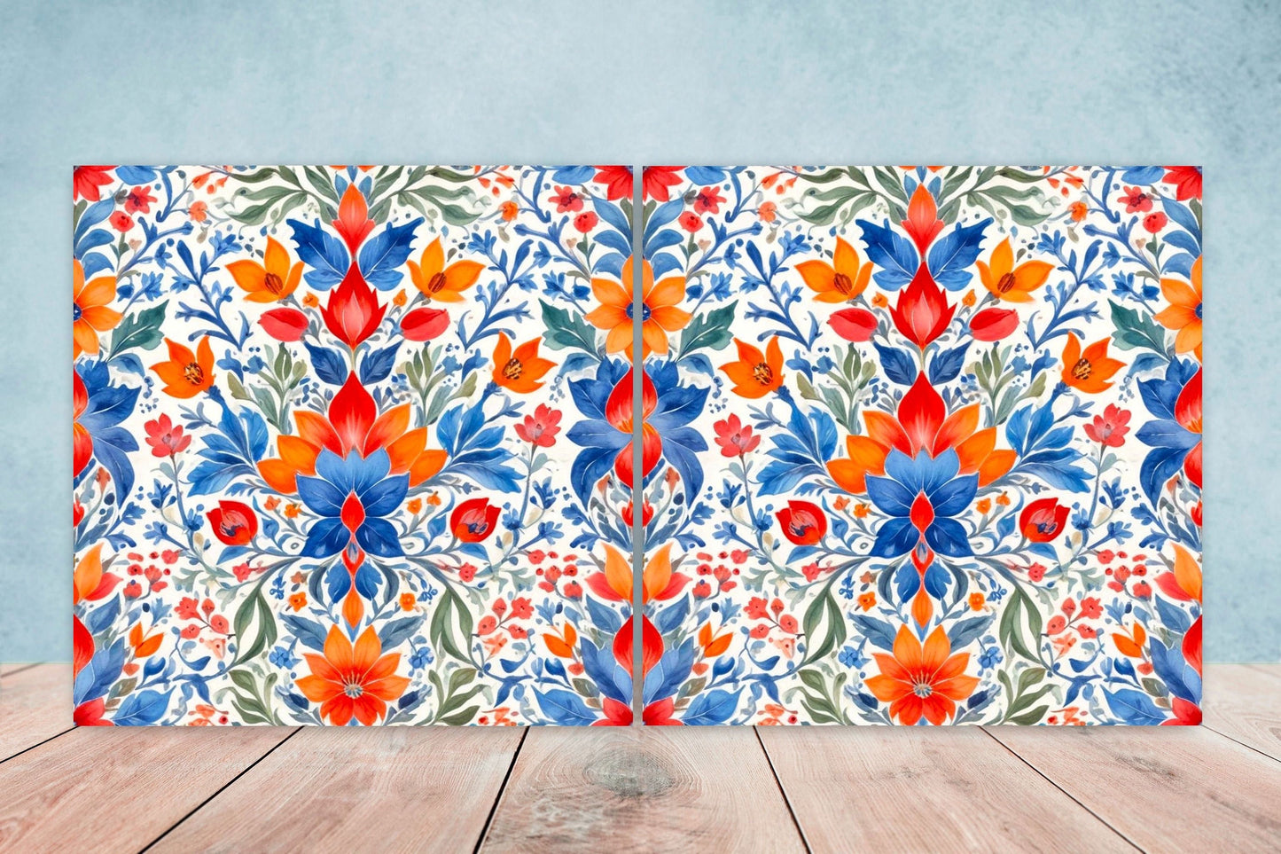 Mexican Ceramic tiles - Set of 2 Mexican Folk design Wall Decor Tiles, Flower Tiles, Floral Print - Kitchen Backsplash Tiles, Bathroom Tiles