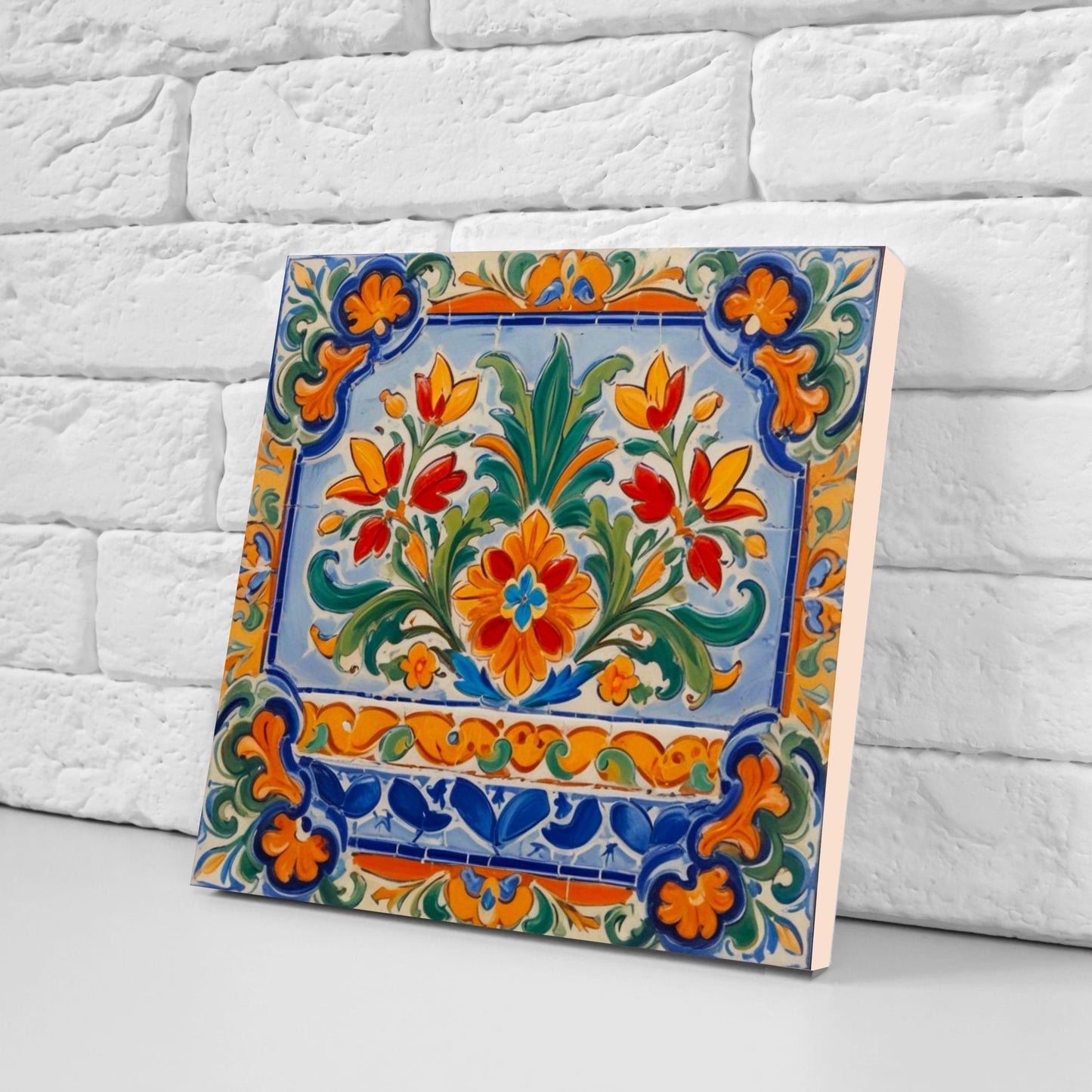 Mexican Ceramic tiles - Set of 2 Mexican Folk design Wall Decor Tiles, Flower Tiles, Floral Print - Kitchen Backsplash Tiles, Bathroom Tiles
