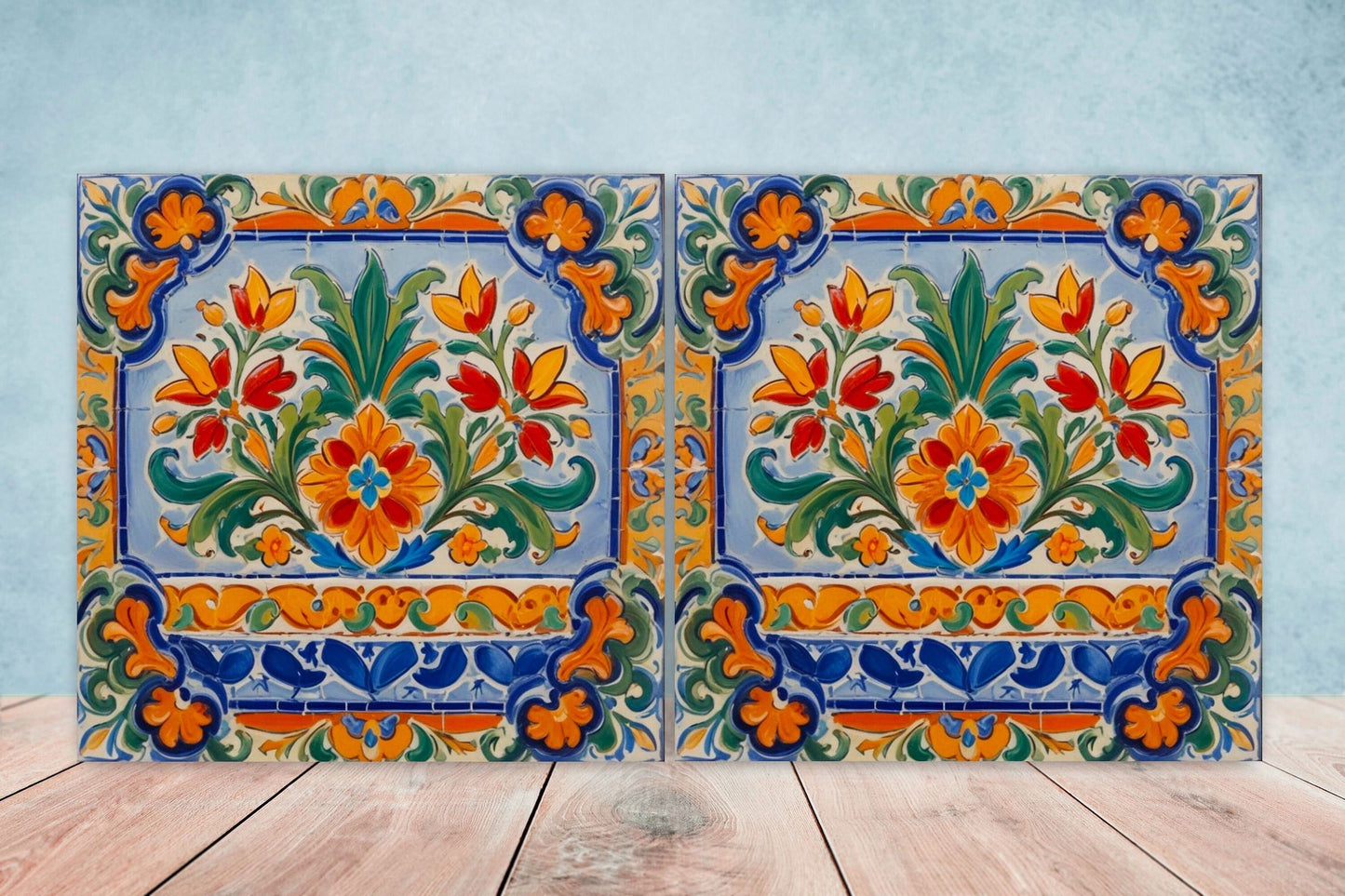 Mexican Ceramic tiles - Set of 2 Mexican Folk design Wall Decor Tiles, Flower Tiles, Floral Print - Kitchen Backsplash Tiles, Bathroom Tiles