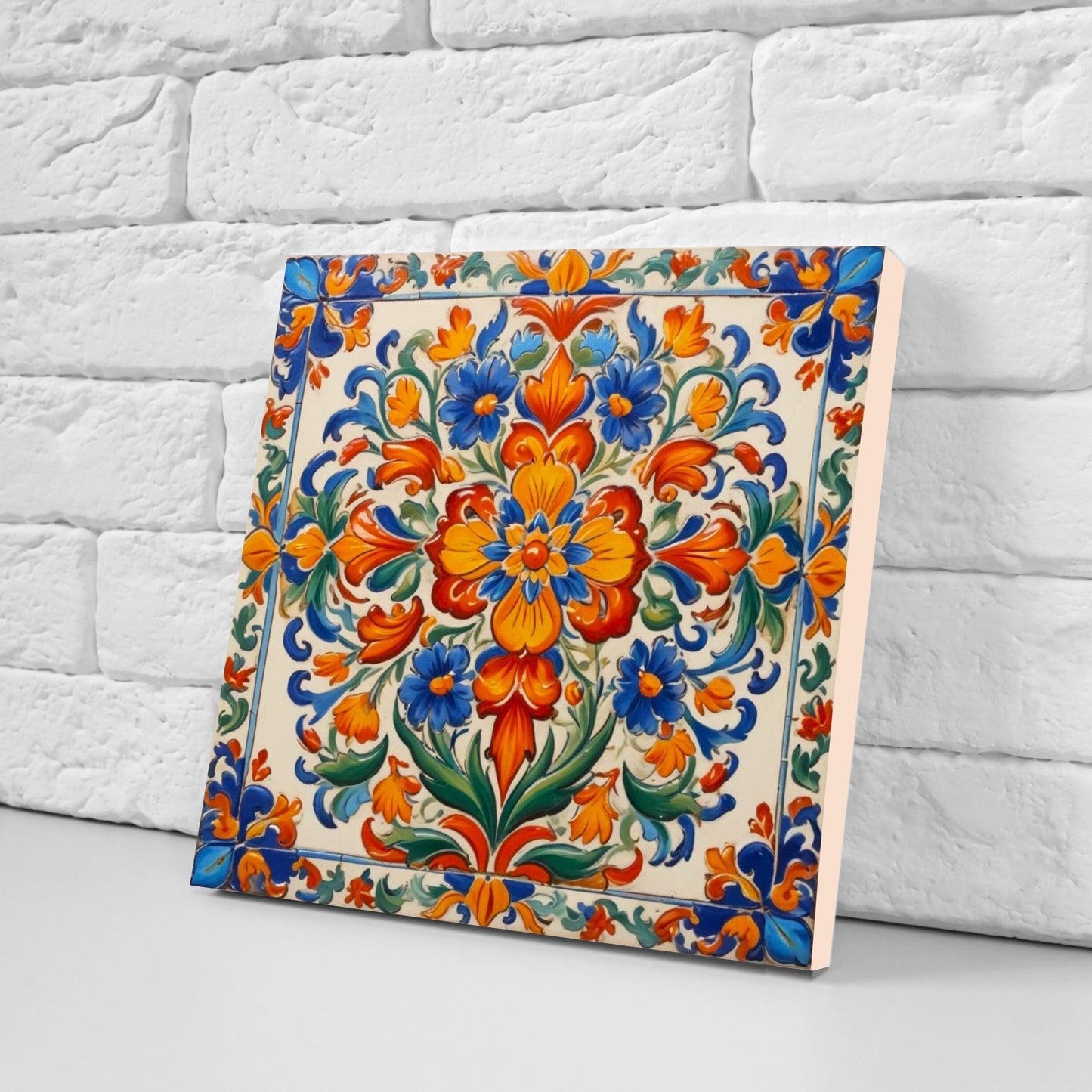 Mexican Ceramic tiles - Set of 2 Mexican Folk design Wall Decor Tiles, Flower Tiles, Floral Print - Kitchen Backsplash Tiles, Bathroom Tiles