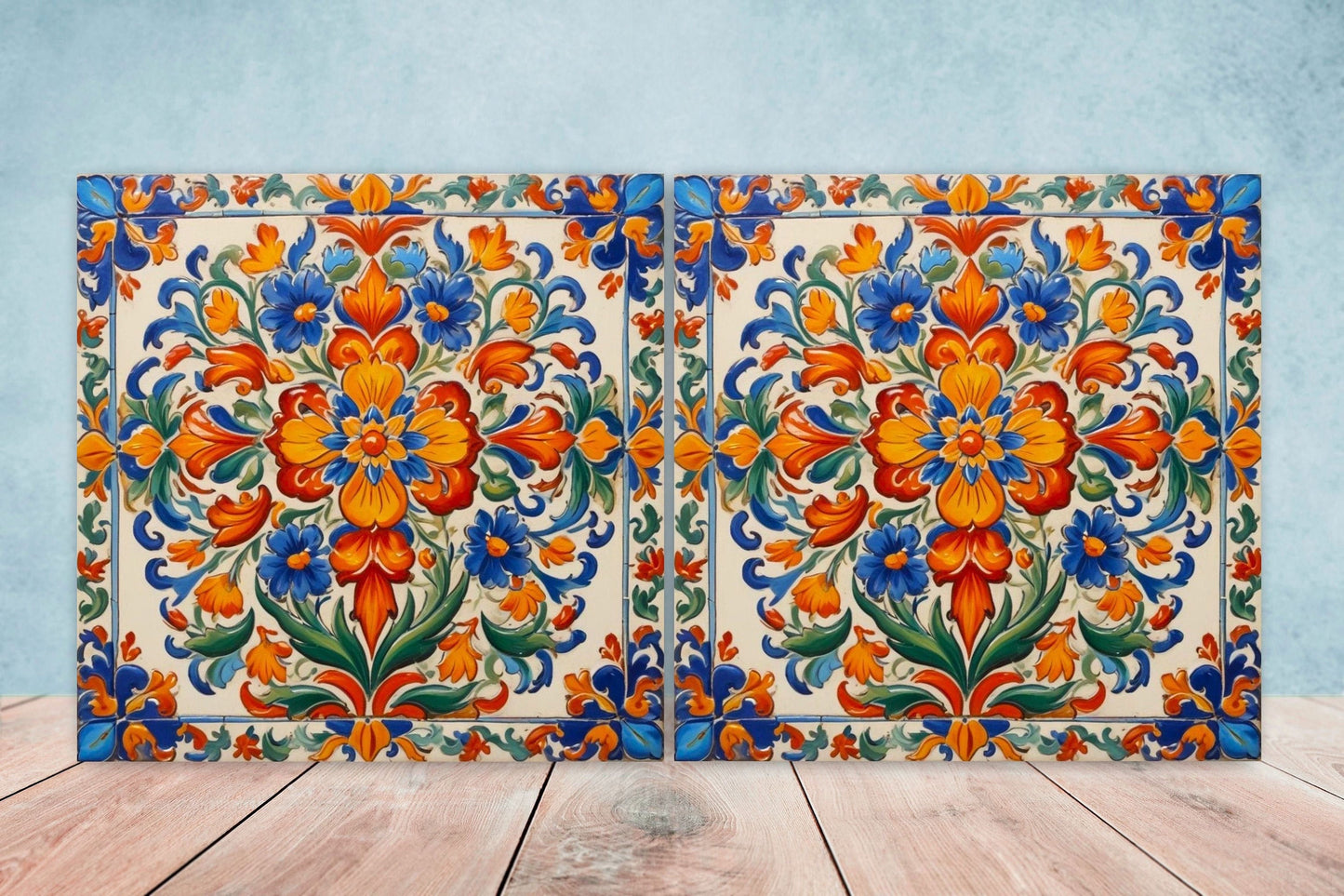 Mexican Ceramic tiles - Set of 2 Mexican Folk design Wall Decor Tiles, Flower Tiles, Floral Print - Kitchen Backsplash Tiles, Bathroom Tiles