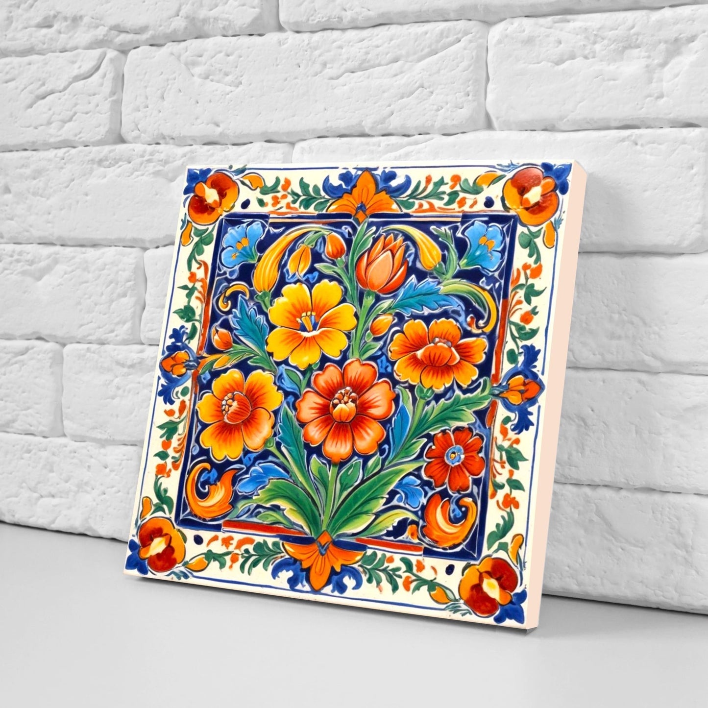Mexican Ceramic tiles - Set of 2 Mexican Folk design Wall Decor Tiles, Flower Tiles, Floral Print - Kitchen Backsplash Tiles, Bathroom Tiles