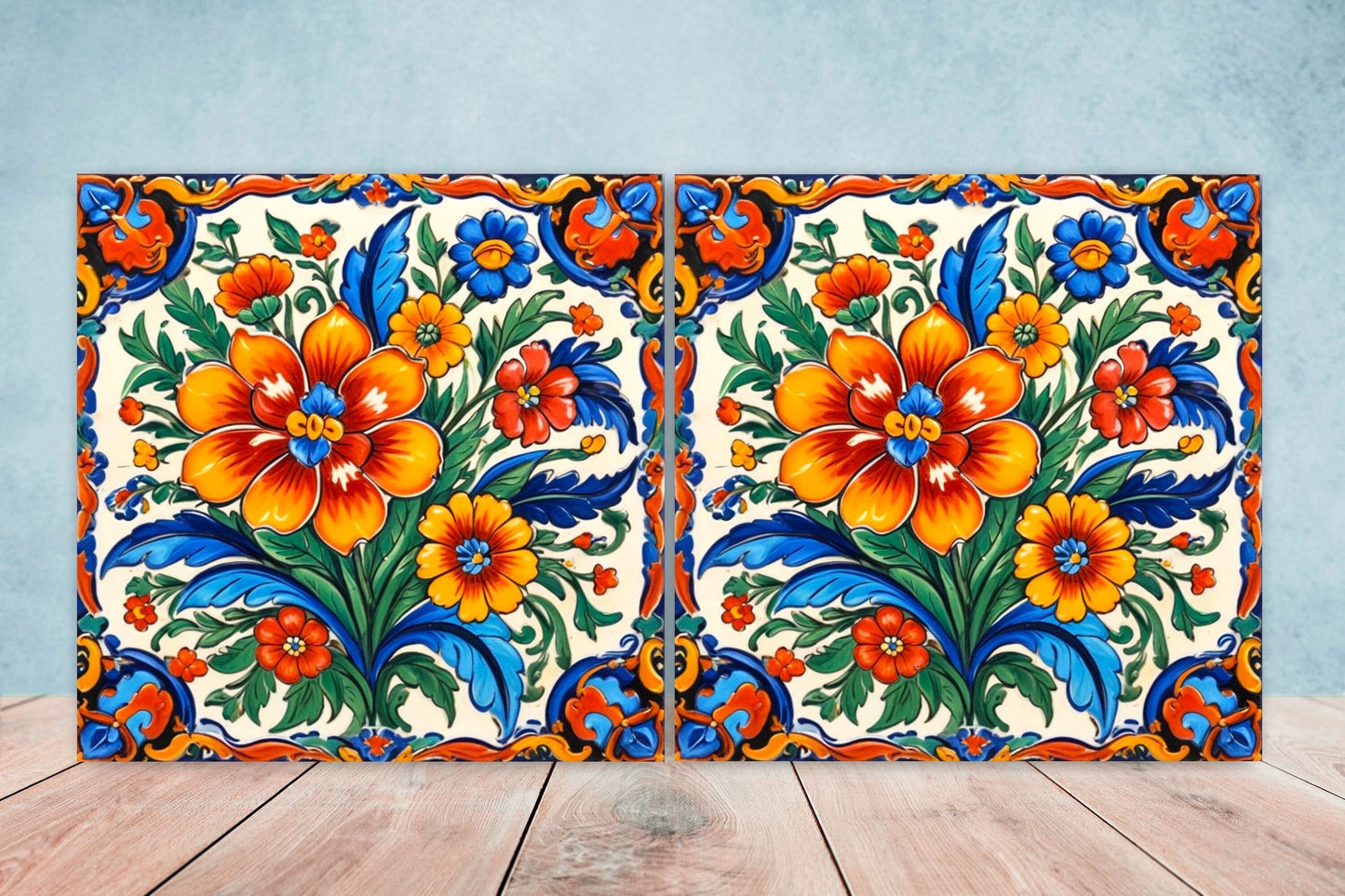 Mexican Ceramic tiles - Set of 2 Mexican Folk design Wall Decor Tiles, Flower Tiles, Floral Print - Kitchen Backsplash Tiles, Bathroom Tiles