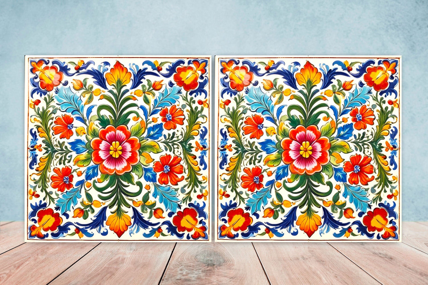 Mexican Ceramic tiles - Set of 2 Mexican Folk design Wall Decor Tiles, Flower Tiles, Floral Print - Kitchen Backsplash Tiles, Bathroom Tiles