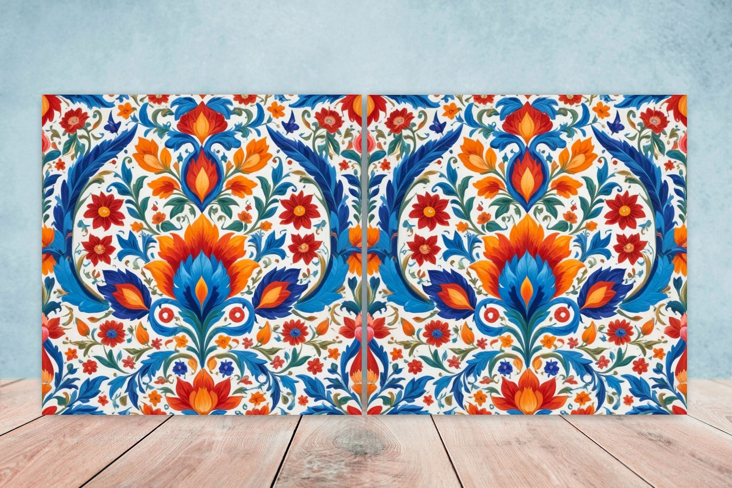 Mexican Ceramic tiles - Set of 2 Mexican Folk design Wall Decor Tiles, Flower Tiles, Floral Print - Kitchen Backsplash Tiles, Bathroom Tiles