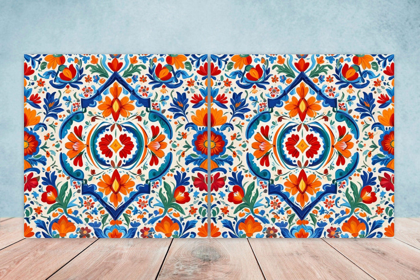 Mexican Ceramic tiles - Set of 2 Mexican Folk design Wall Decor Tiles, Flower Tiles, Floral Print - Kitchen Backsplash Tiles, Bathroom Tiles