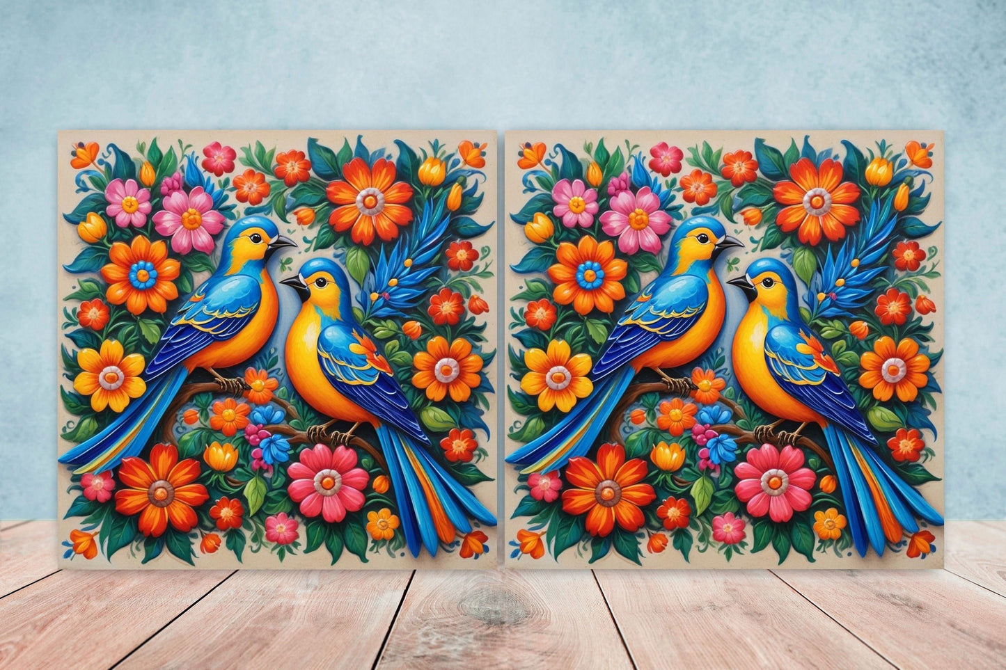 Mexican Ceramic tiles - Set of 2 Mexican Folk design Wall Decor Tiles, Bird Tiles, Birds Print - Kitchen Backsplash Tiles, Bathroom Tiles