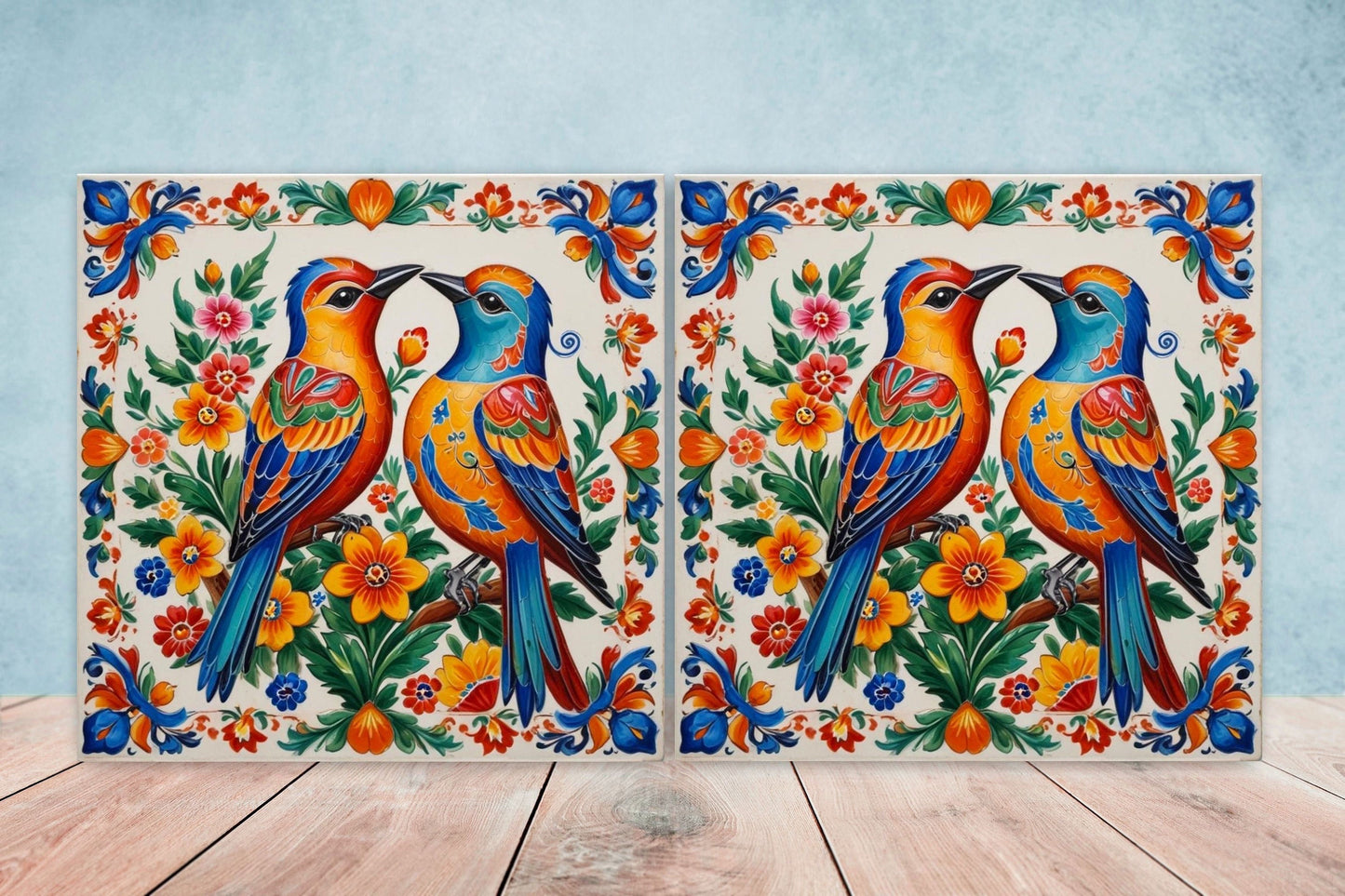 Mexican Ceramic tiles - Set of 2 Mexican Folk design Wall Decor Tiles, Bird Tiles, Birds Print - Kitchen Backsplash Tiles, Bathroom Tiles