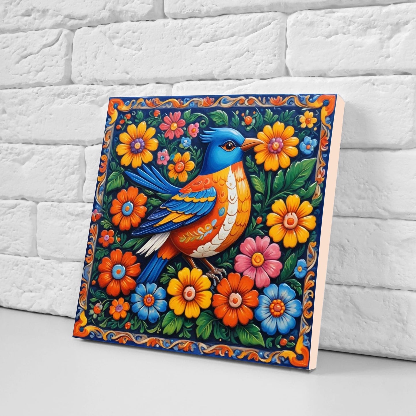 Mexican Ceramic tiles - Set of 2 Mexican Folk design Wall Decor Tiles, Bird Tiles, Birds Print - Kitchen Backsplash Tiles, Bathroom Tiles