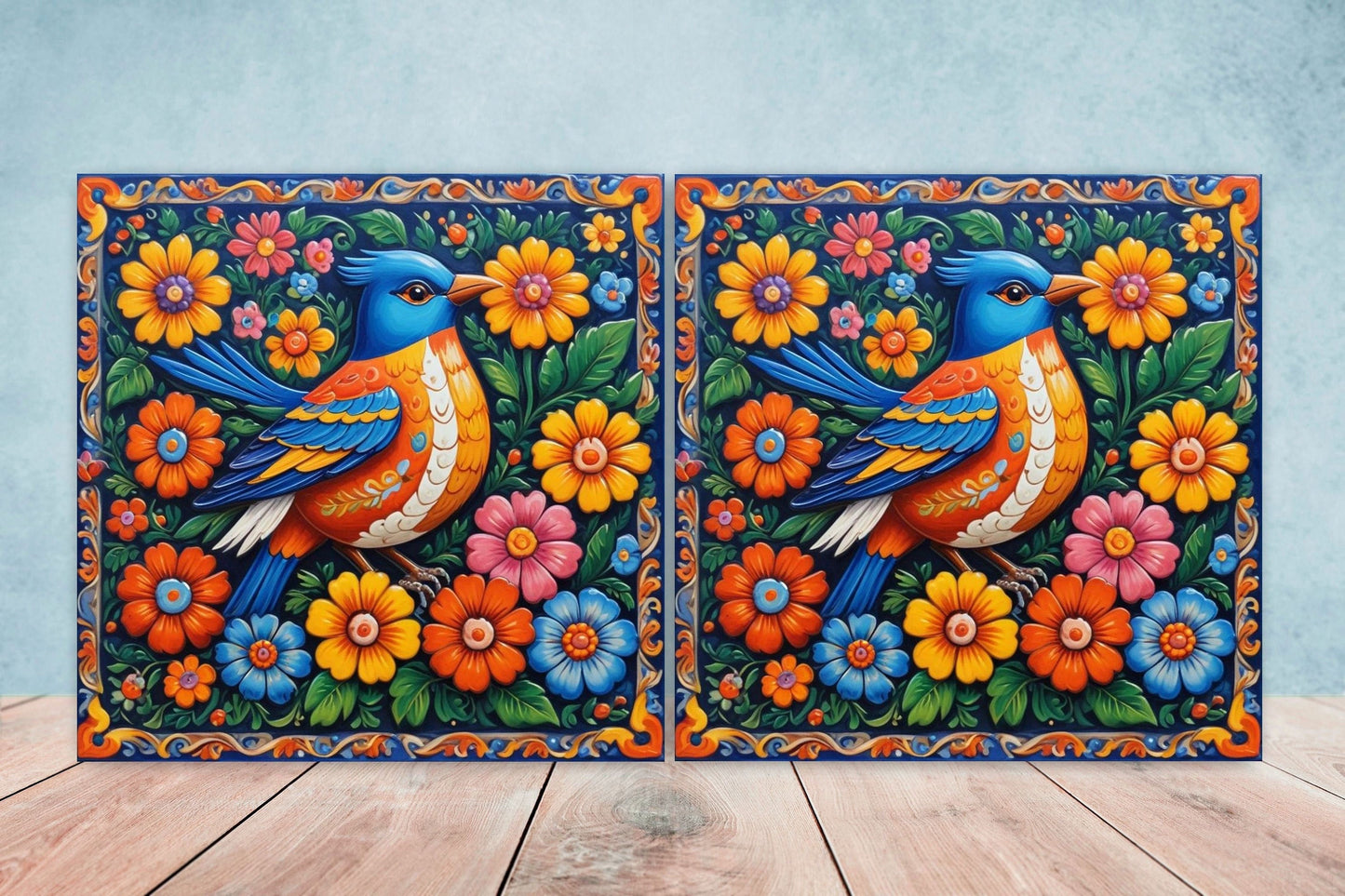 Mexican Ceramic tiles - Set of 2 Mexican Folk design Wall Decor Tiles, Bird Tiles, Birds Print - Kitchen Backsplash Tiles, Bathroom Tiles