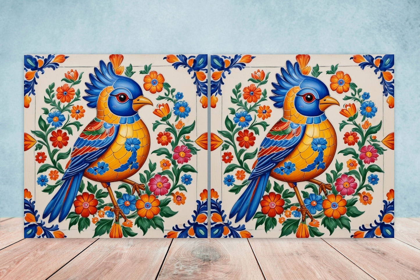 Mexican Ceramic tiles - Set of 2 Mexican Folk design Wall Decor Tiles, Bird Tiles, Birds Print - Kitchen Backsplash Tiles, Bathroom Tiles