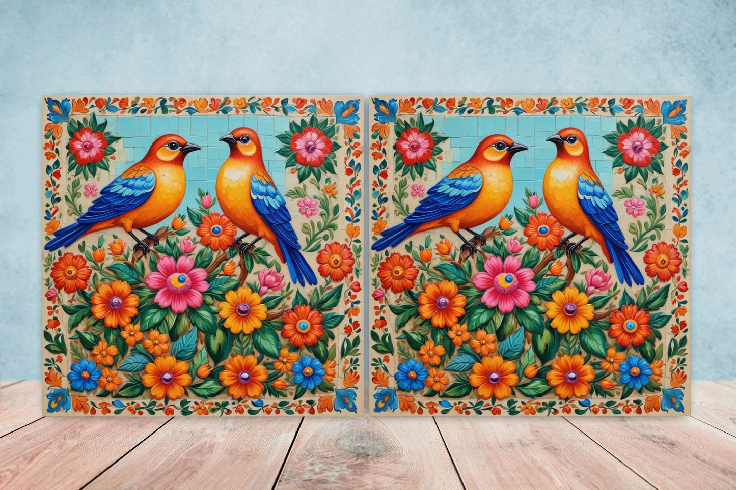 Mexican Ceramic tiles - Set of 2 Mexican Folk design Wall Decor Tiles, Bird Tiles, Birds Print - Kitchen Backsplash Tiles, Bathroom Tiles