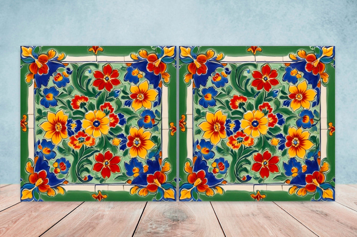 Mexican Ceramic tiles - Set of 2 Mexican Folk design Wall Decor Tiles, Flower Tiles, Floral Print - Kitchen Backsplash Tiles, Bathroom Tiles