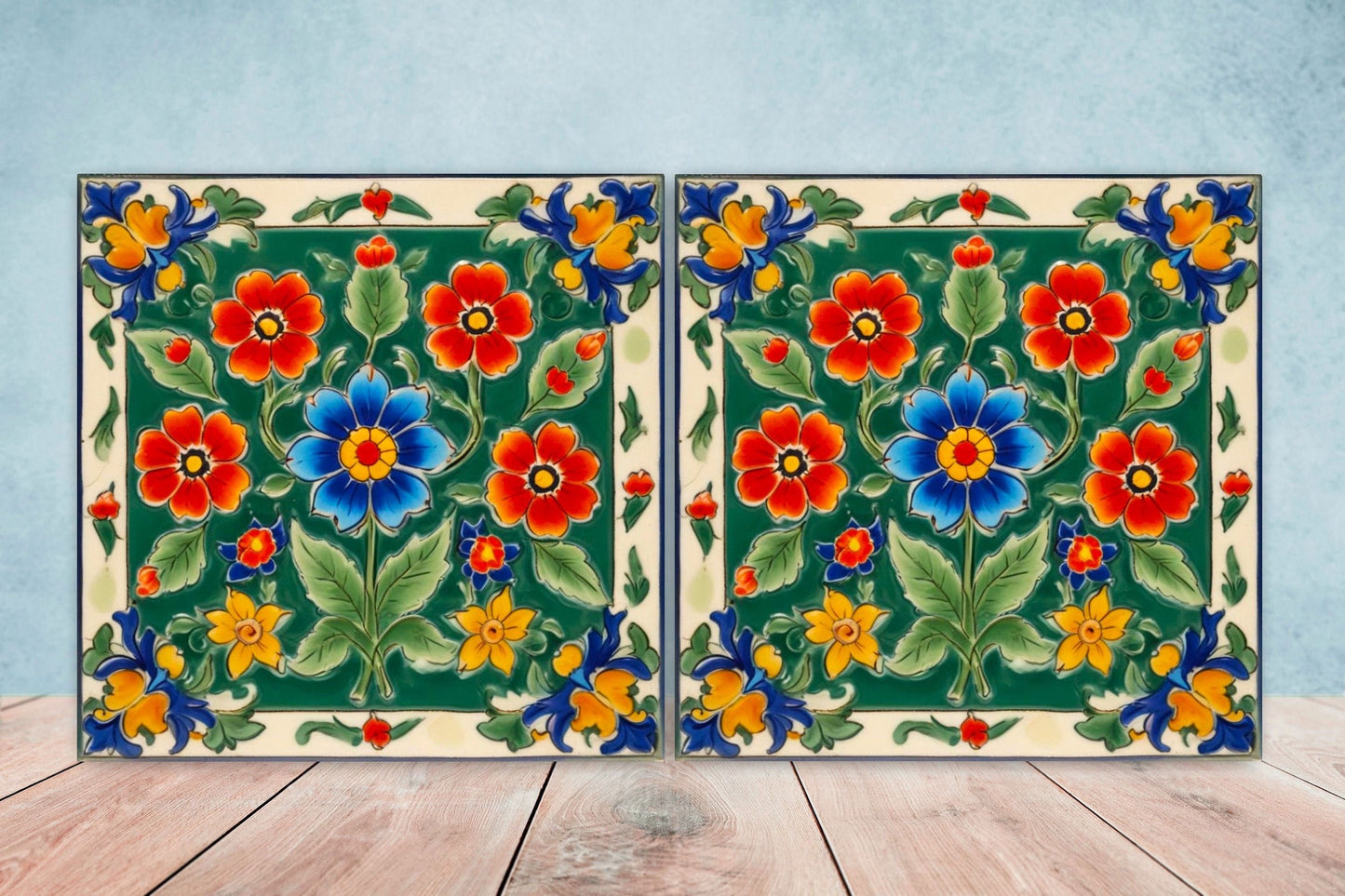 Mexican Ceramic tiles - Set of 2 Mexican Folk design Wall Decor Tiles, Flower Tiles, Floral Print - Kitchen Backsplash Tiles, Bathroom Tiles
