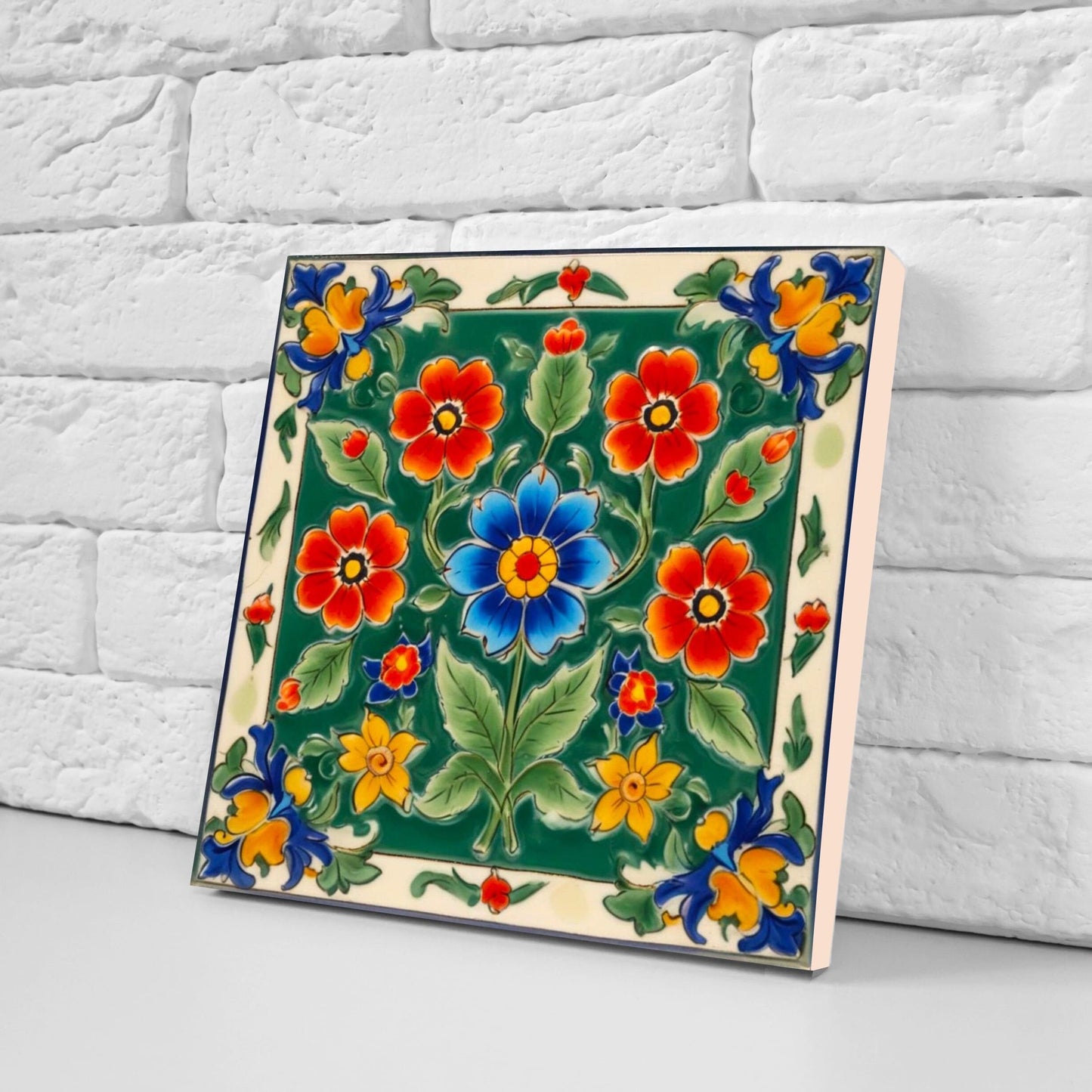 Mexican Ceramic tiles - Set of 2 Mexican Folk design Wall Decor Tiles, Flower Tiles, Floral Print - Kitchen Backsplash Tiles, Bathroom Tiles