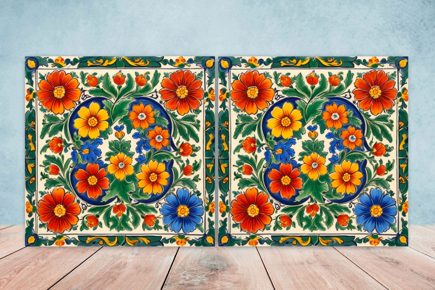 Mexican Ceramic tiles - Set of 2 Mexican Folk design Wall Decor Tiles, Flower Tiles, Floral Print - Kitchen Backsplash Tiles, Bathroom Tiles