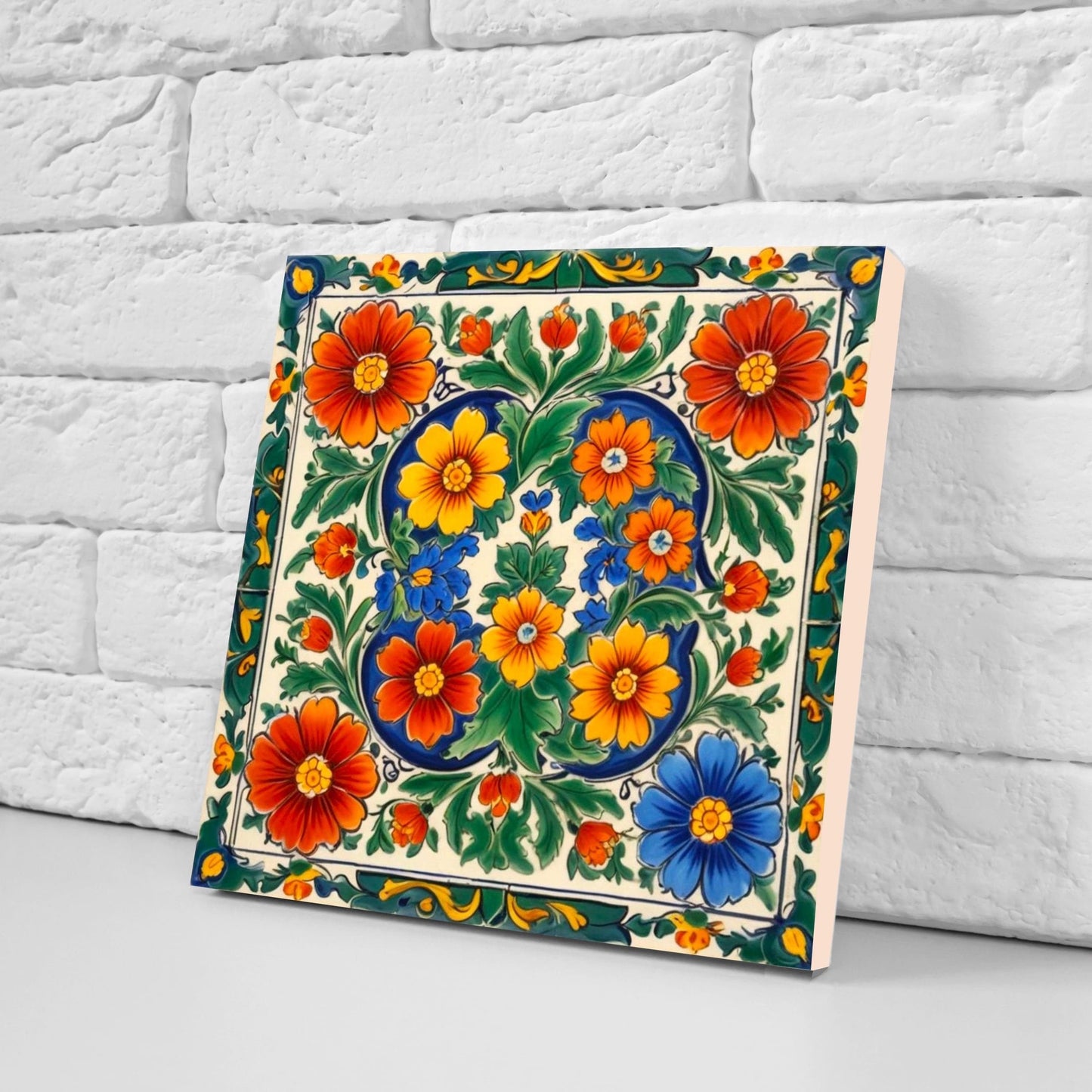 Mexican Ceramic tiles - Set of 2 Mexican Folk design Wall Decor Tiles, Flower Tiles, Floral Print - Kitchen Backsplash Tiles, Bathroom Tiles