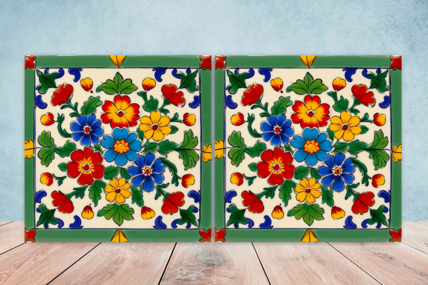 Mexican Ceramic tiles - Set of 2 Mexican Folk design Wall Decor Tiles, Flower Tiles, Floral Print - Kitchen Backsplash Tiles, Bathroom Tiles