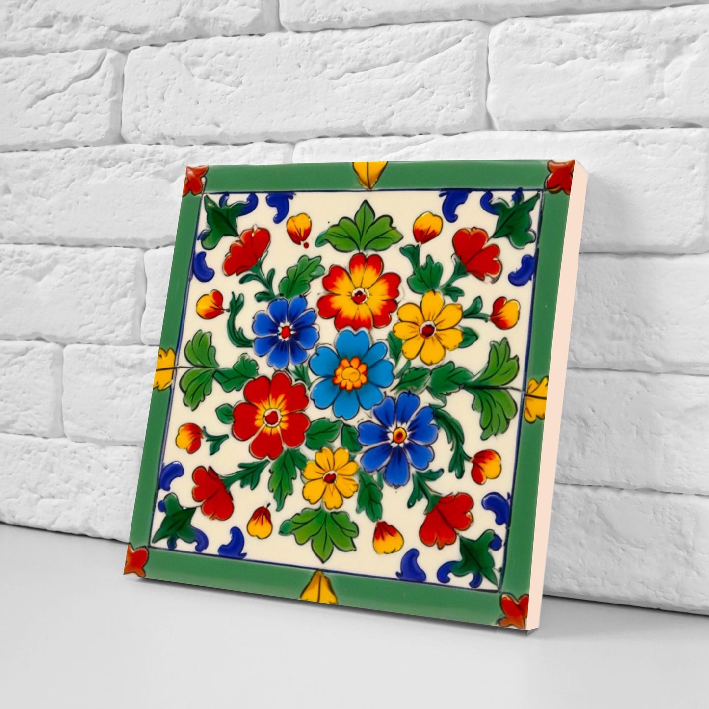 Mexican Ceramic tiles - Set of 2 Mexican Folk design Wall Decor Tiles, Flower Tiles, Floral Print - Kitchen Backsplash Tiles, Bathroom Tiles