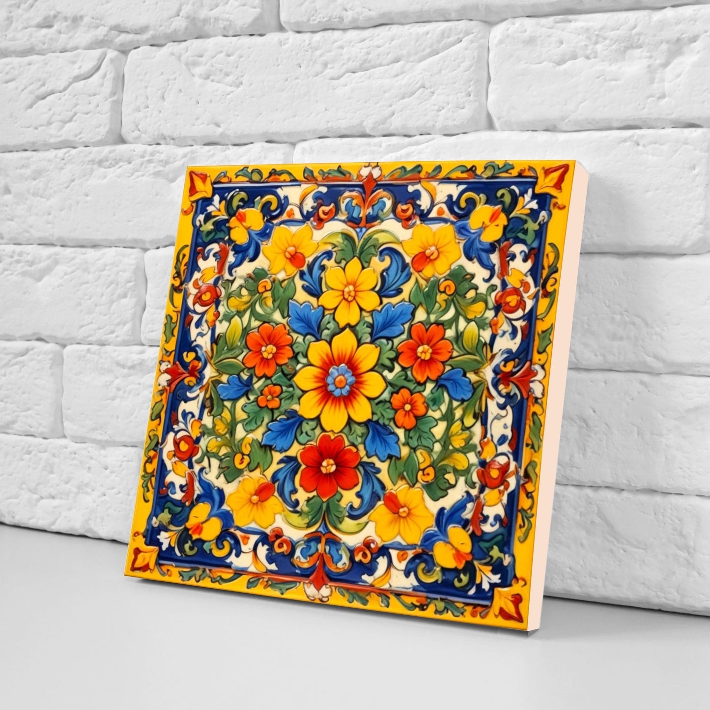 Mexican Ceramic tiles - Set of 2 Mexican Folk design Wall Decor Tiles, Flower Tiles, Floral Print - Kitchen Backsplash Tiles, Bathroom Tiles
