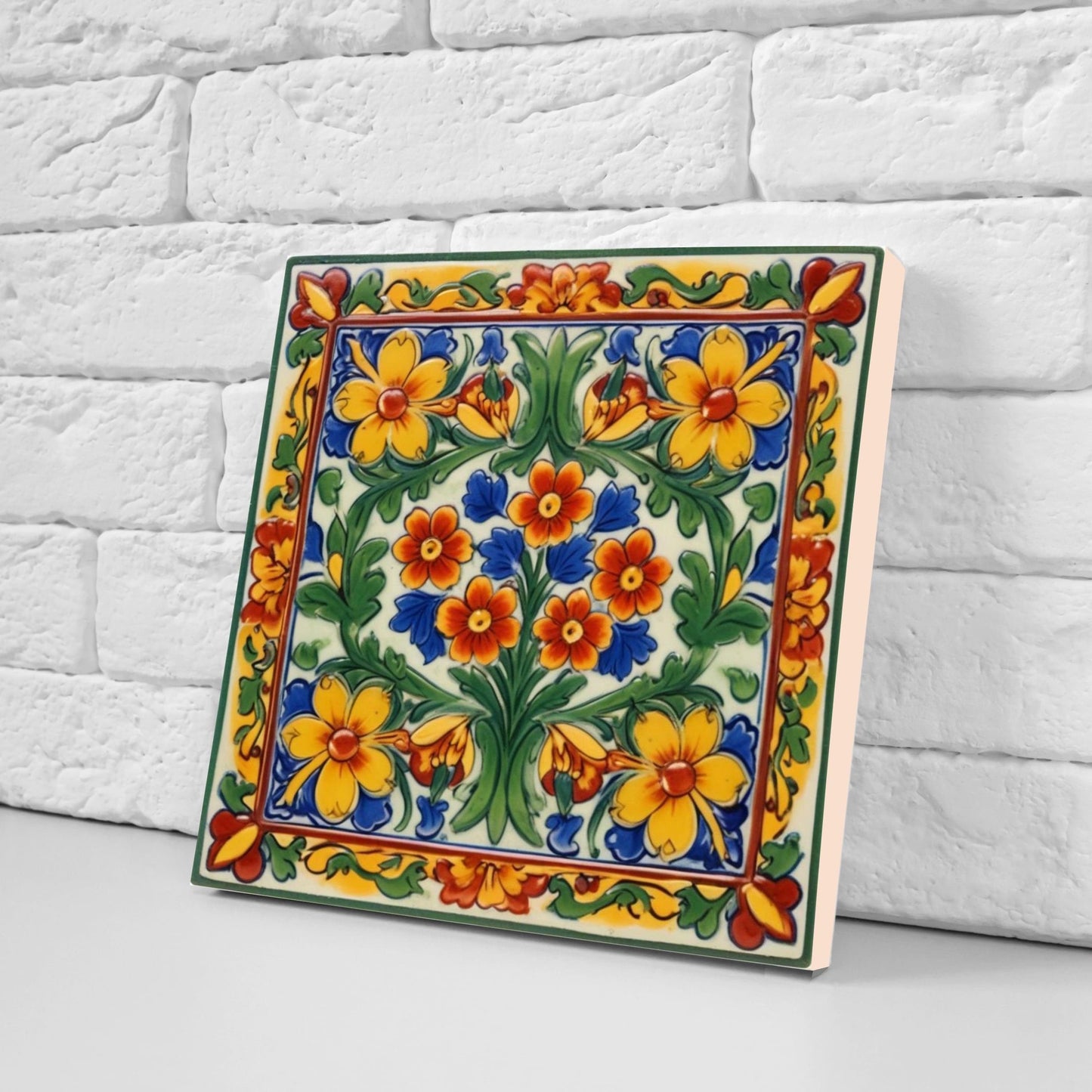 Mexican Ceramic tiles - Set of 2 Mexican Folk design Wall Decor Tiles, Flower Tiles, Floral Print - Kitchen Backsplash Tiles, Bathroom Tiles