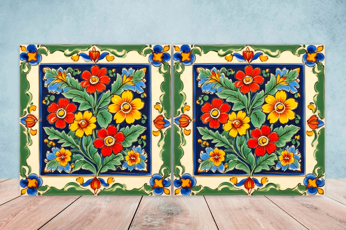 Mexican Ceramic tiles - Set of 2 Mexican Folk design Wall Decor Tiles, Flower Tiles, Floral Print - Kitchen Backsplash Tiles, Bathroom Tiles