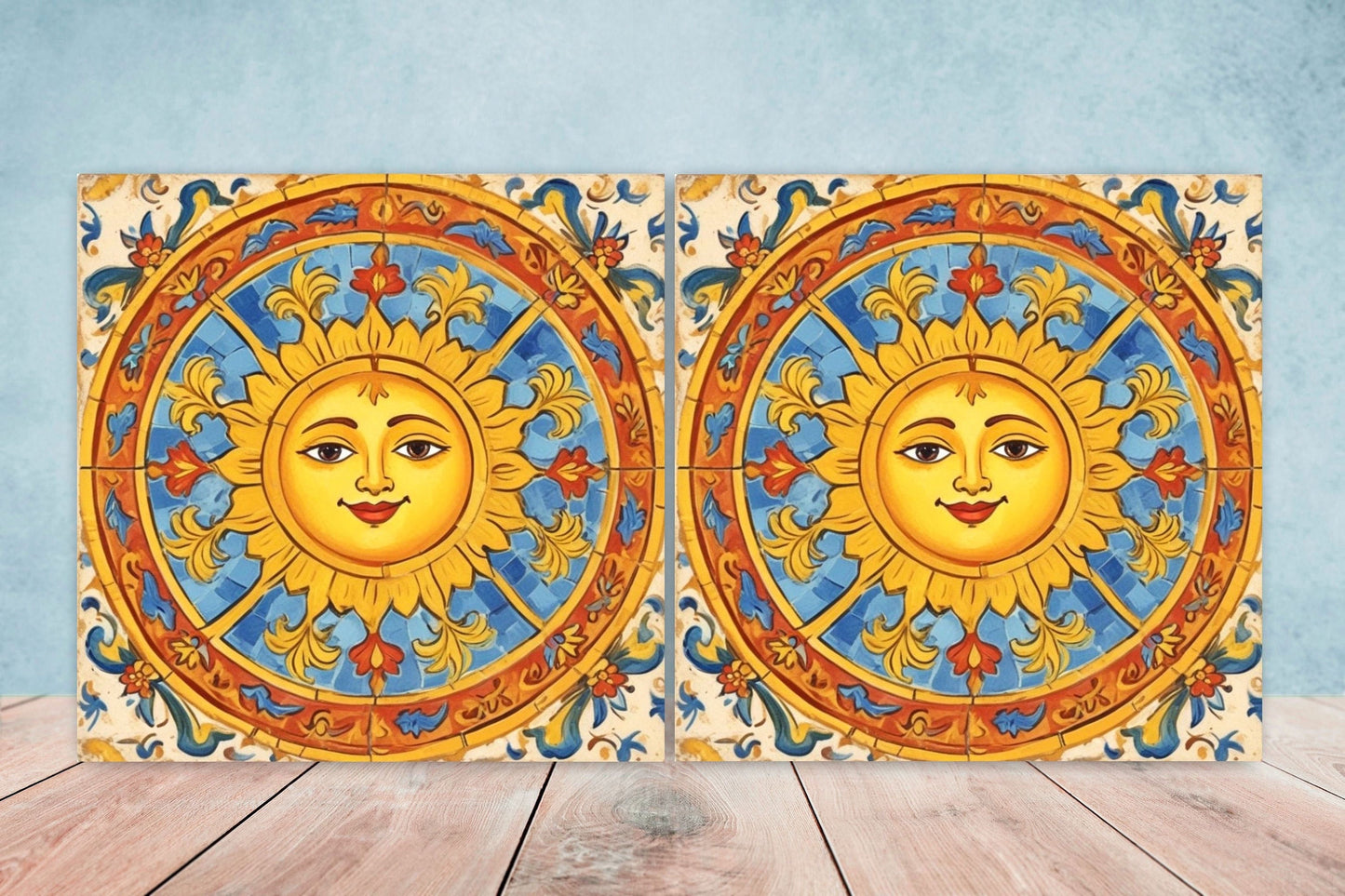 Mexican Sun Ceramic tiles - Set of 2 Mexican Folk design Wall Decor Tiles, Sun Tiles, Sun Print - Kitchen Backsplash Tiles, Bathroom Tiles