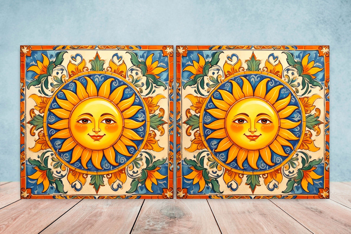 Mexican Sun Ceramic tiles - Set of 2 Mexican Folk design Wall Decor Tiles, Sun Tiles, Sun Print - Kitchen Backsplash Tiles, Bathroom Tiles