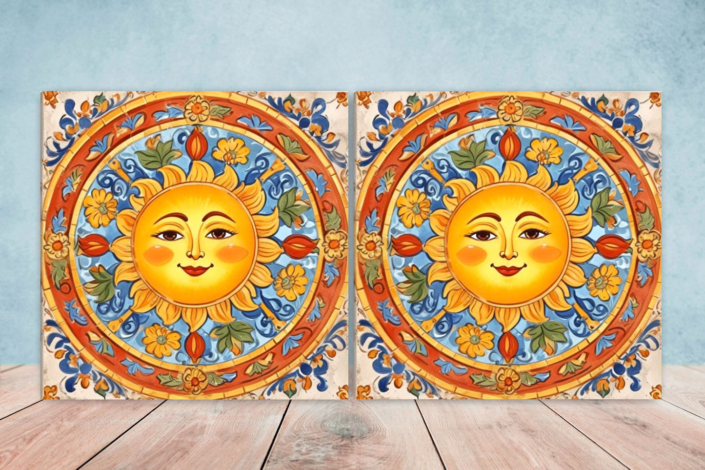 Mexican Sun Ceramic tiles - Set of 2 Mexican Folk design Wall Decor Tiles, Sun Tiles, Sun Print - Kitchen Backsplash Tiles, Bathroom Tiles