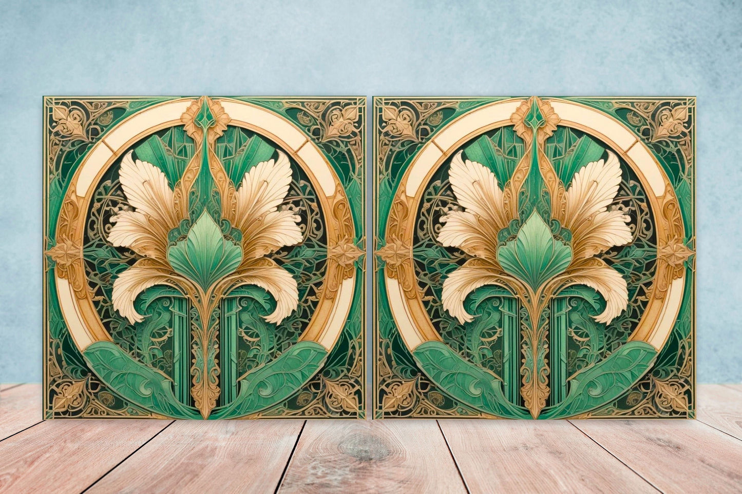 Art Deco Ceramic tiles - Set of 2 Art Deco Wall Decor Flower Tiles - Kitchen Backsplash Tiles, Table Decorative Tiles, Bathroom Tiles