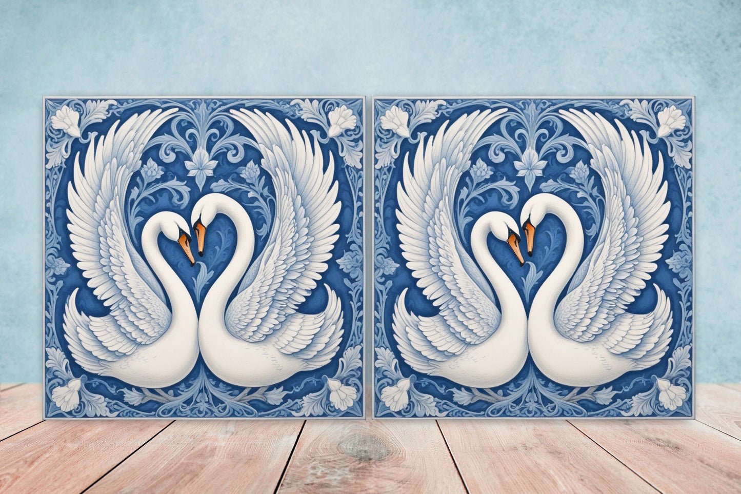 Art Nouveau Swan Ceramic tiles - Set of 2 Art Nouveau Bird Wall Decor Tiles, Bird Tiles, Swan Art - Kitchen Backsplash Tiles, Bathroom Tiles
