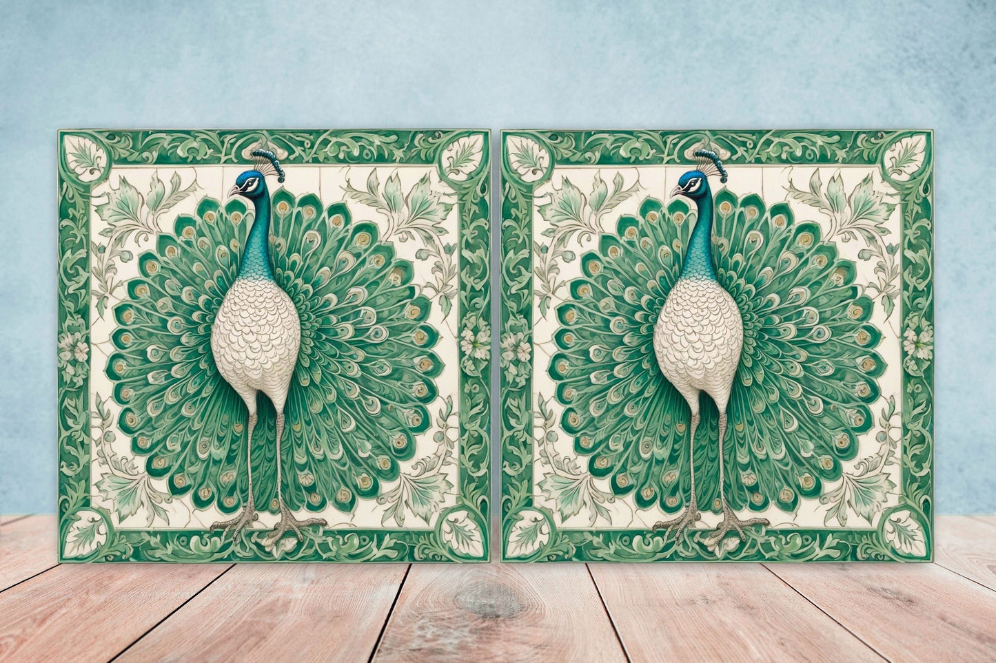 Art Nouveau Peacock Ceramic tiles -Set of 2 Art Nouveau Bird Wall Decor Tiles - Peacock Print, Kitchen Backsplash Tiles, Bathroom Tiles