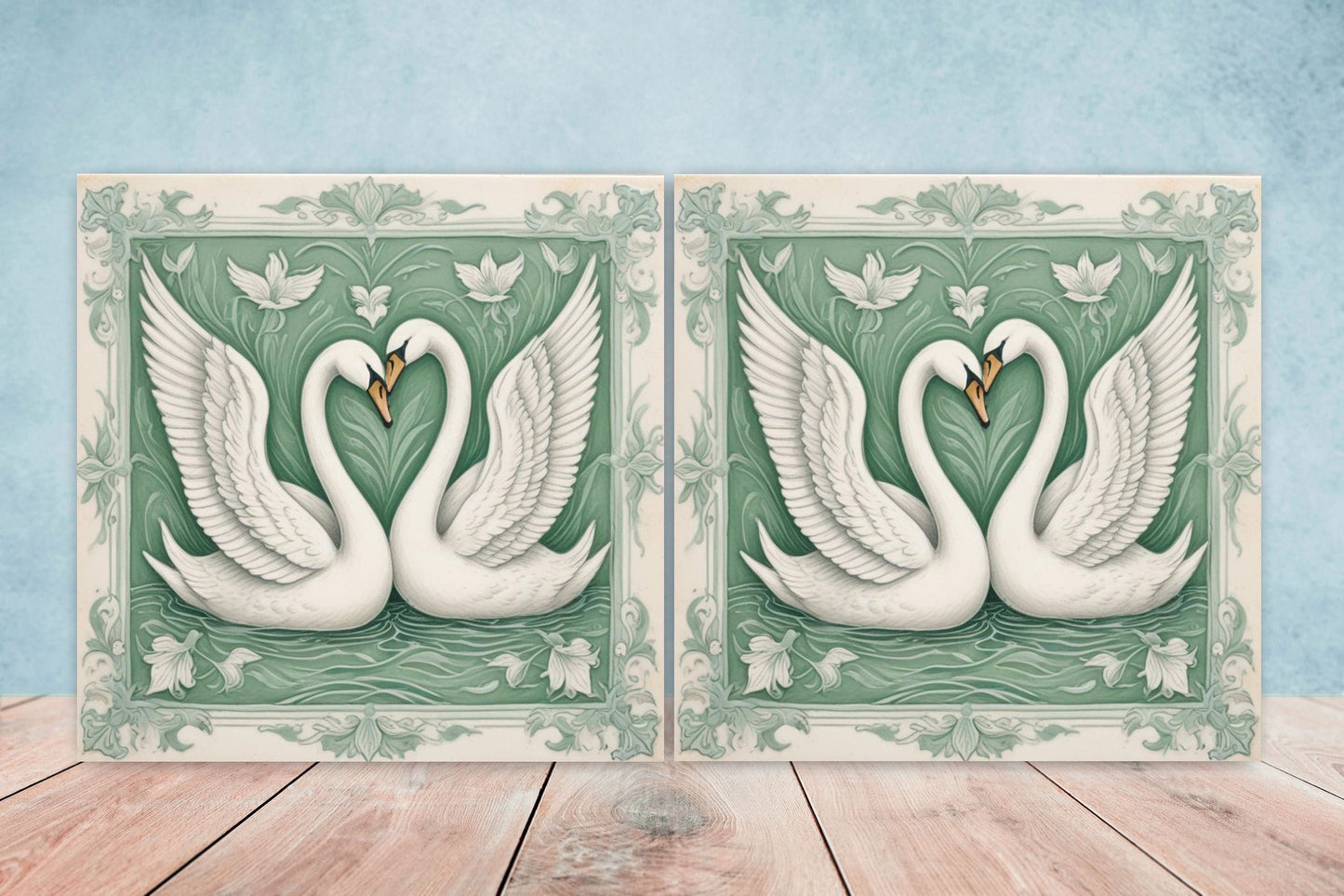 Art Nouveau Swan Ceramic tiles - Set of 2 Art Nouveau Bird Wall Decor Tiles, Bird Tiles, Swan Art - Kitchen Backsplash Tiles, Bathroom Tiles