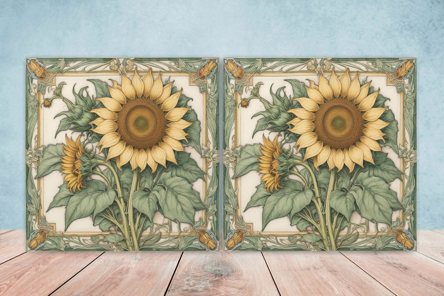 Art Nouveau Flower Ceramic Tiles - Set of 2 Art Nouveau Wall Decor Tiles - Kitchen Backsplash Tiles, Table Decorative Tiles, Bathroom Tiles