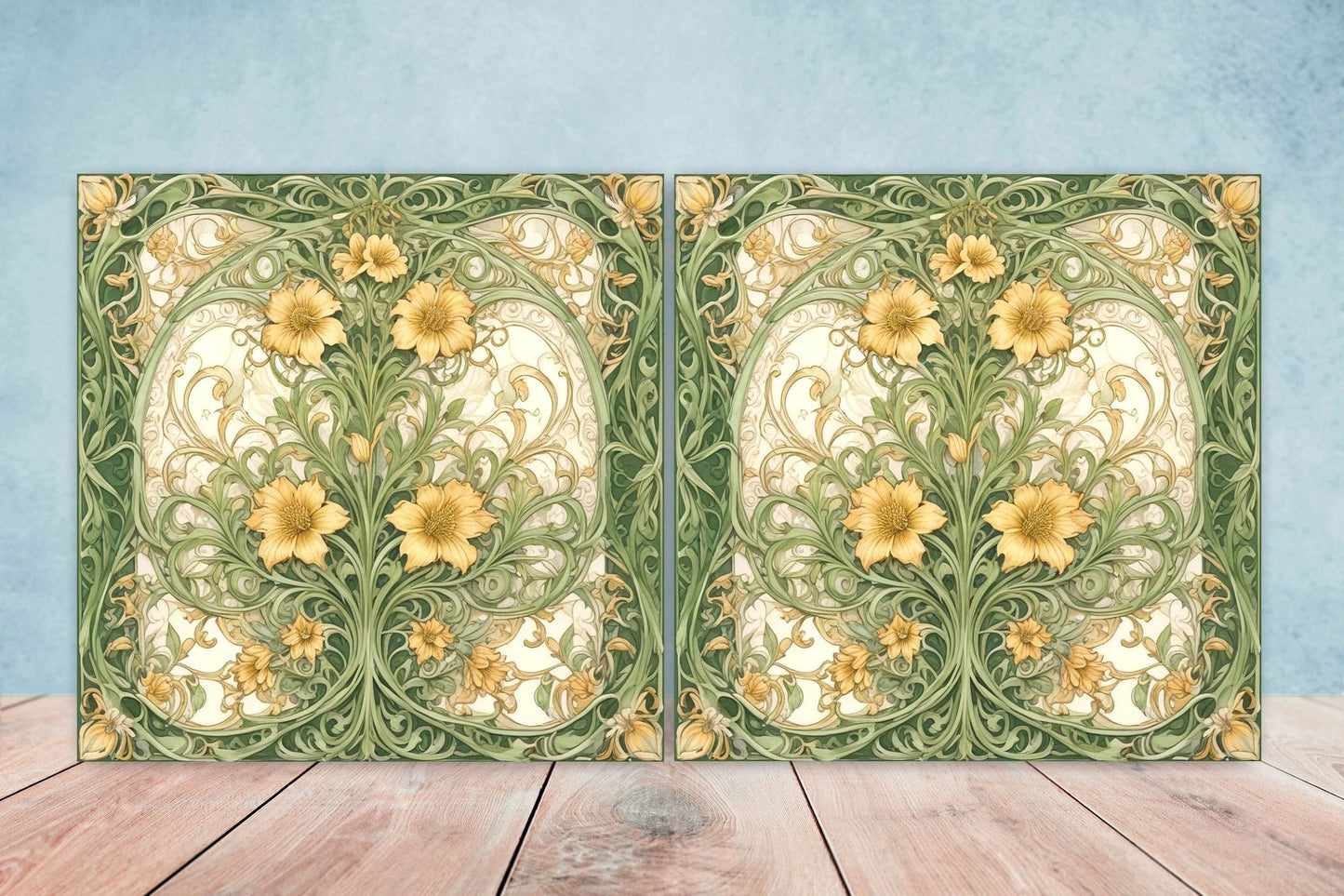 Art Nouveau Flower Ceramic Tiles - Set of 2 Art Nouveau Wall Decor Tiles - Kitchen Backsplash Tiles, Table Decorative Tiles, Bathroom Tiles