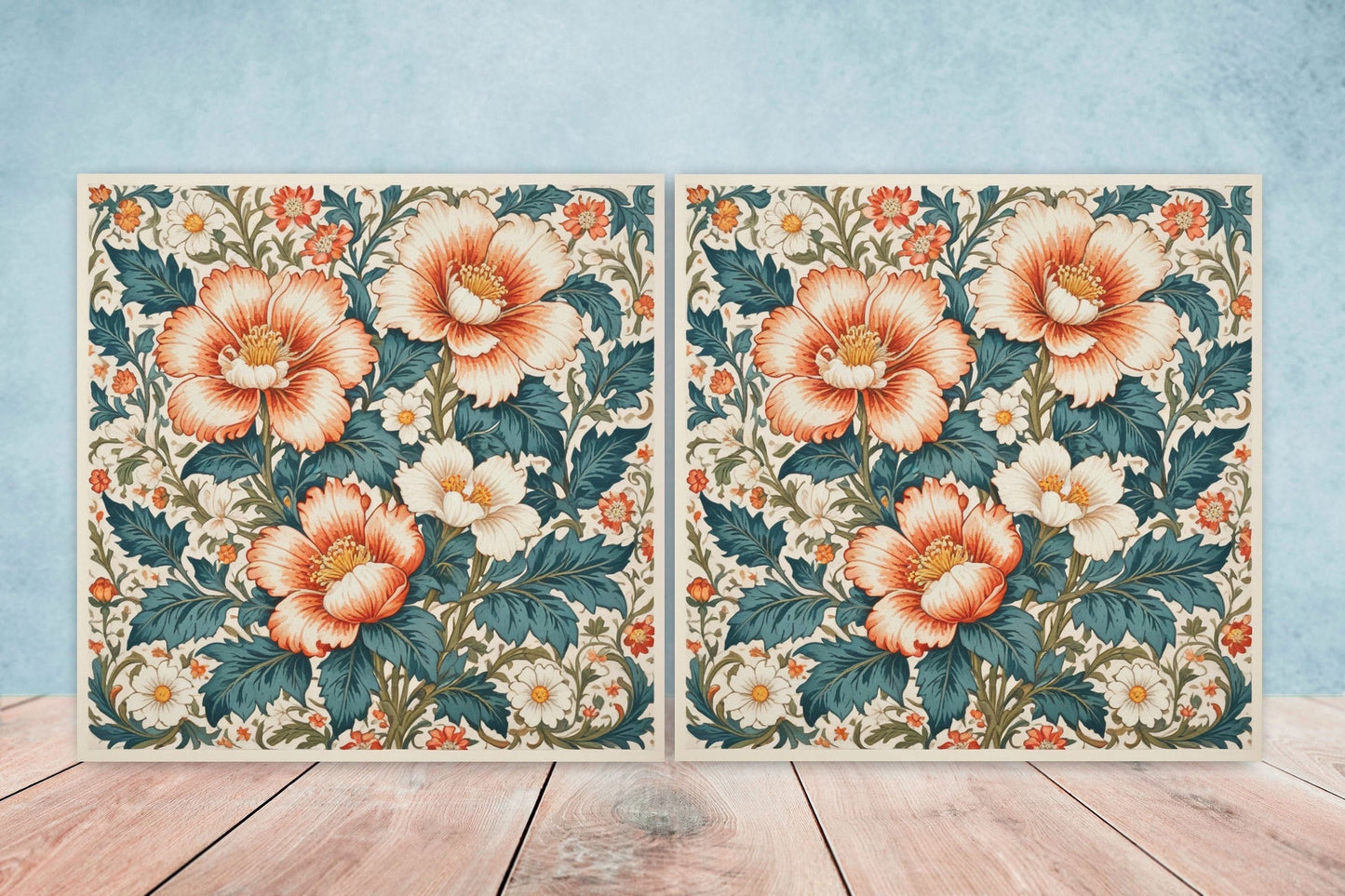 Art Nouveau Flower Ceramic Tiles - Set of 2 Art Nouveau Wall Decor Tiles - Kitchen Backsplash Tiles, Table Decorative Tiles, Bathroom Tiles