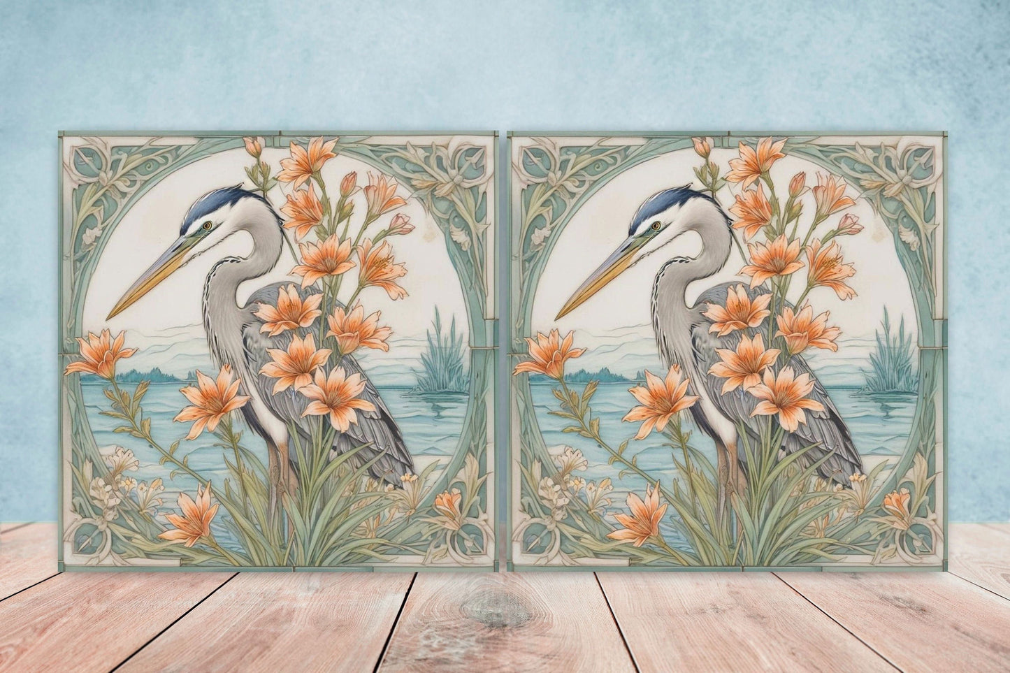 Art Nouveau Heron Ceramic tiles -Set of 2 Art Nouveau Bird Wall Decor Tiles, Bird Tiles, Bird Art - Kitchen Backsplash Tiles, Bathroom Tiles