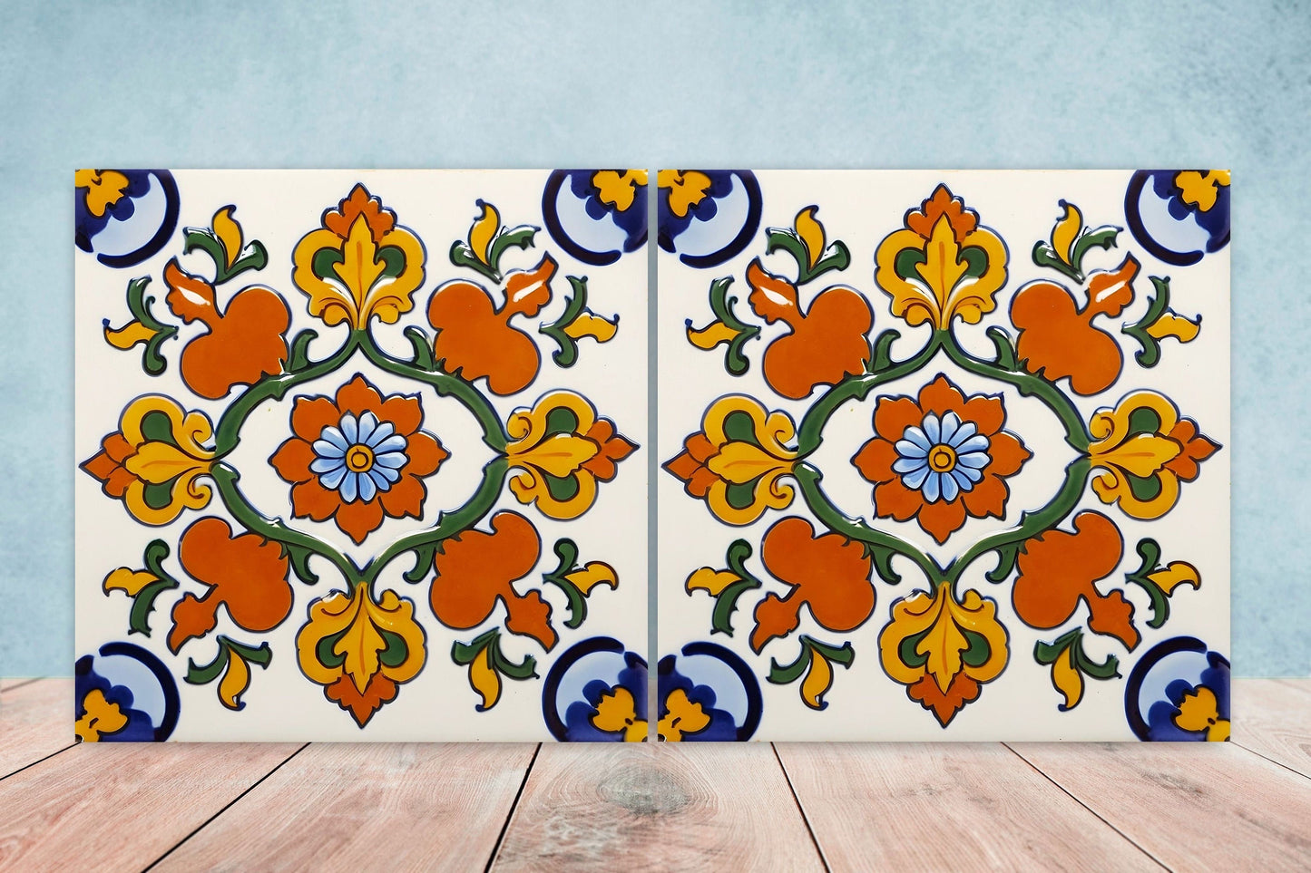 Spanish Ceramic Flower Tiles - Set of 2 Spanish Wall Decor Tiles - Kitchen Backsplash Tiles, Table Decorative Tiles, Bathroom Tiles, Coaster