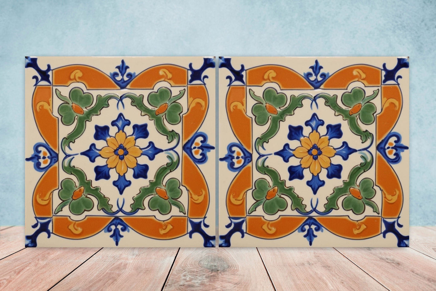 Spanish Ceramic Flower Tiles - Set of 2 Spanish Wall Decor Tiles - Kitchen Backsplash Tiles, Table Decorative Tiles, Bathroom Tiles, Coaster