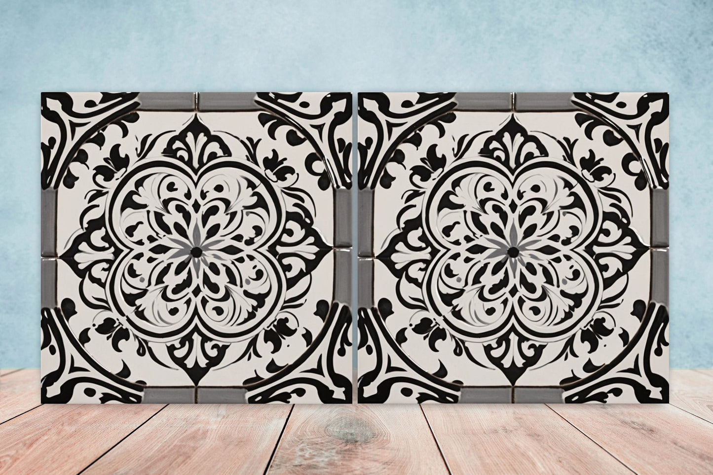 Spanish Ceramic Flower Tiles - Set of 2 Spanish Wall Decor Tiles - Kitchen Backsplash Tiles, Table Decorative Tiles, Bathroom Tiles, Coaster