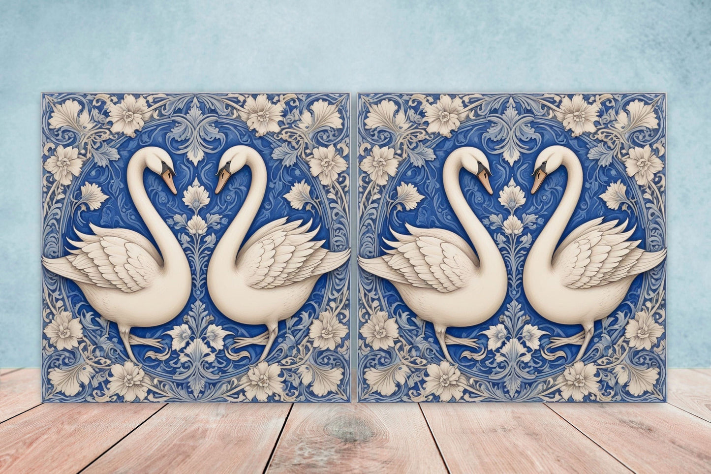 Art Nouveau Swan Ceramic tiles - Set of 2 Art Nouveau Bird Wall Decor Tiles, Bird Tiles, Swan Art - Kitchen Backsplash Tiles, Bathroom Tiles