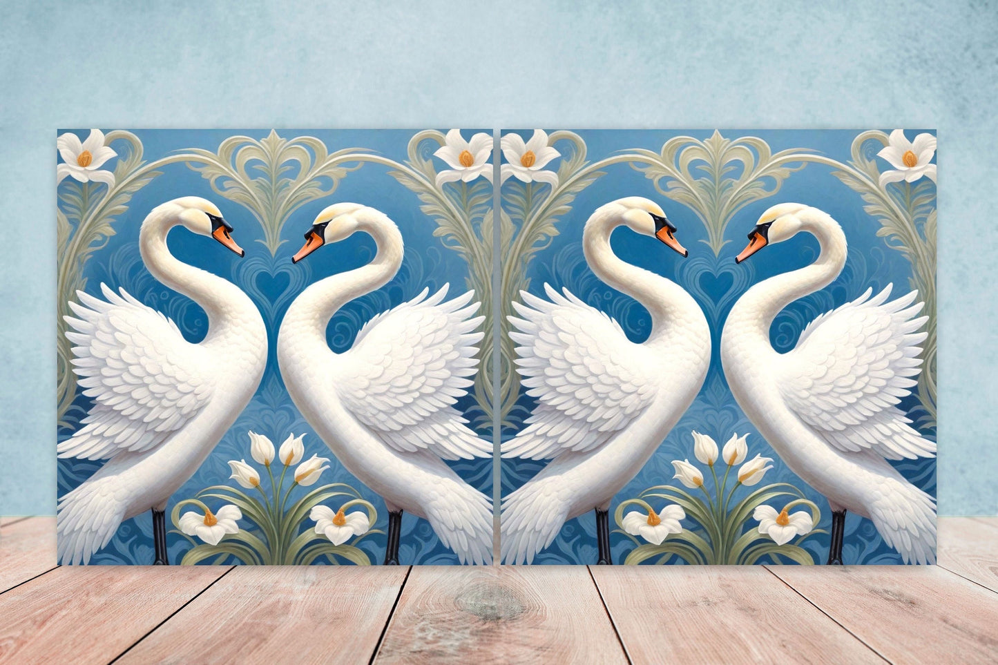 Art Nouveau Swan Ceramic tiles - Set of 2 Art Nouveau Bird Wall Decor Tiles, Bird Tiles, Swan Art - Kitchen Backsplash Tiles, Bathroom Tiles