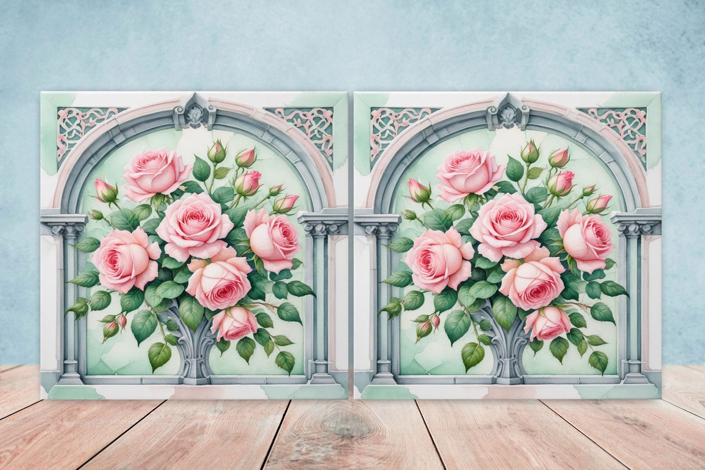Art Nouveau Flower Ceramic tiles - Set of 2 Art Nouveau Wall Decor Tiles - Kitchen Backsplash Tiles, Table Decorative Tiles, Bathroom Tiles