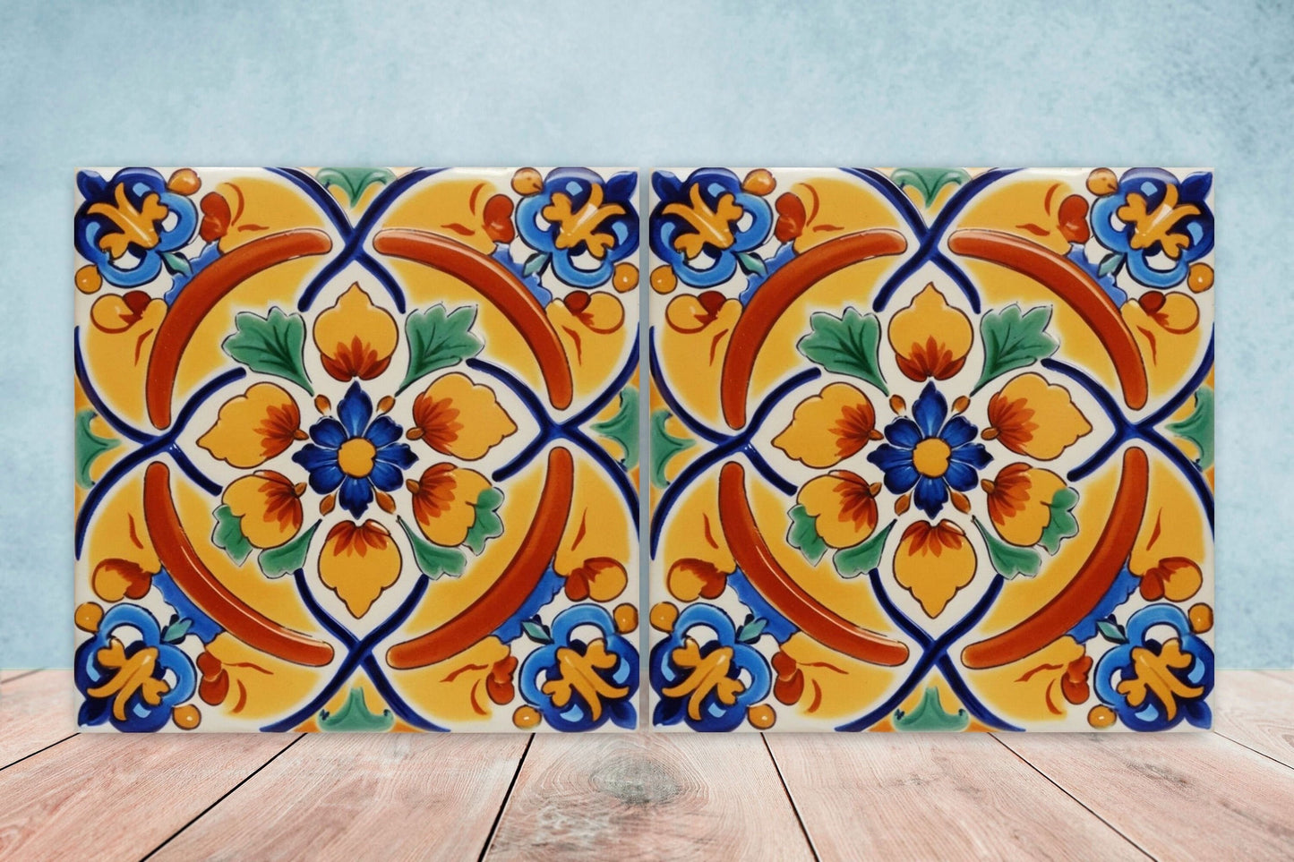 Spanish Ceramic Flower Tiles - Set of 2 Spanish Wall Decor Tiles - Kitchen Backsplash Tiles, Table Decorative Tiles, Bathroom Tiles, Coaster