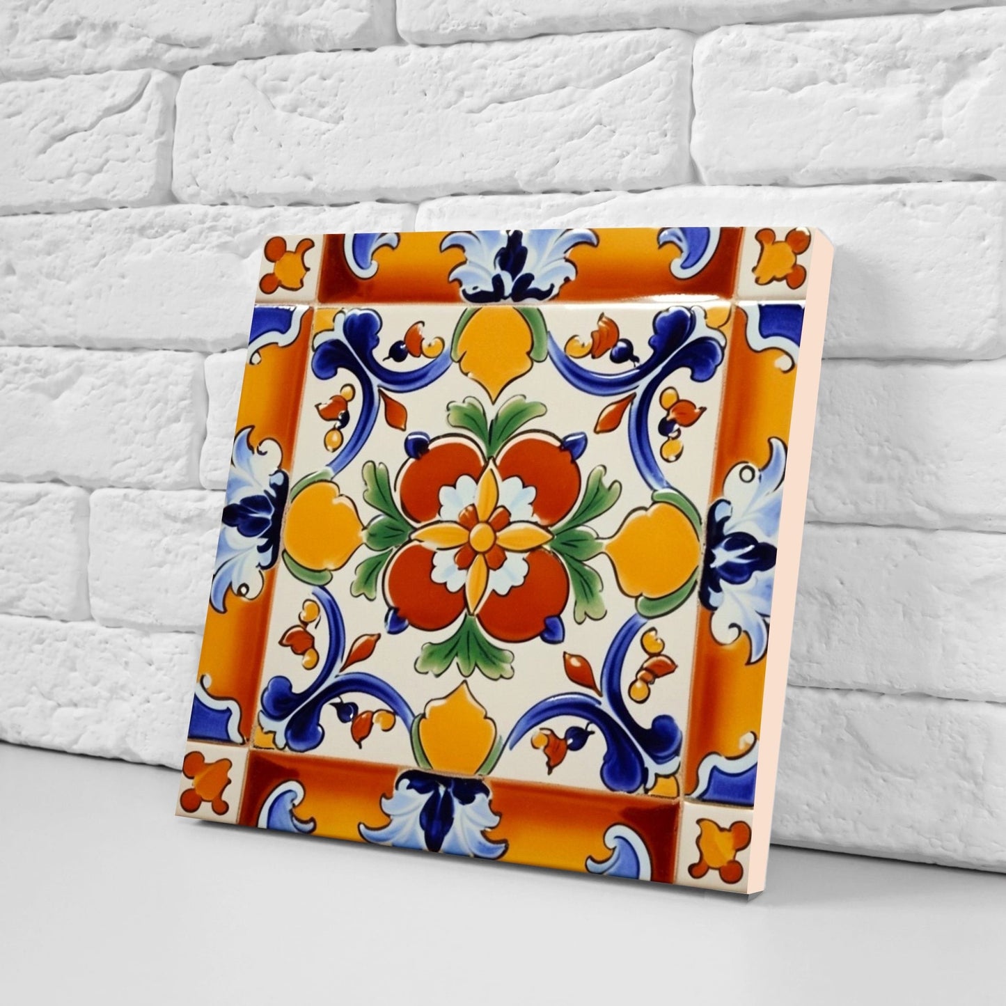 Spanish Ceramic Flower Tiles - Set of 2 Spanish Wall Decor Tiles - Kitchen Backsplash Tiles, Table Decorative Tiles, Bathroom Tiles, Coaster