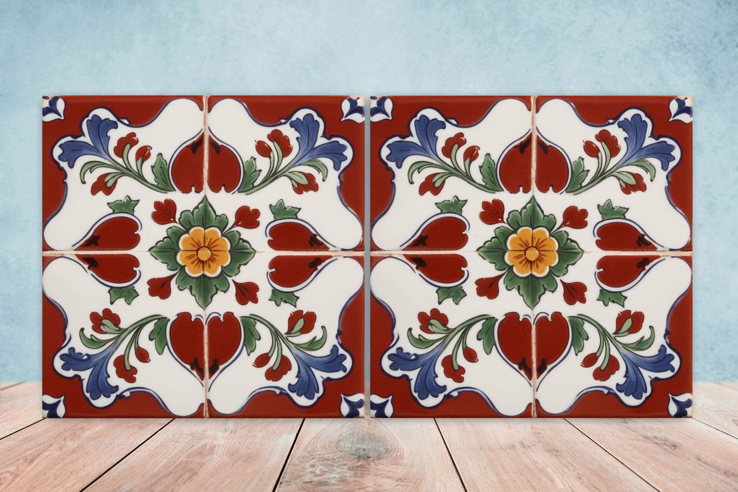 Spanish Ceramic Flower Tiles - Set of 2 Spanish Wall Decor Tiles - Kitchen Backsplash Tiles, Table Decorative Tiles, Bathroom Tiles, Coaster